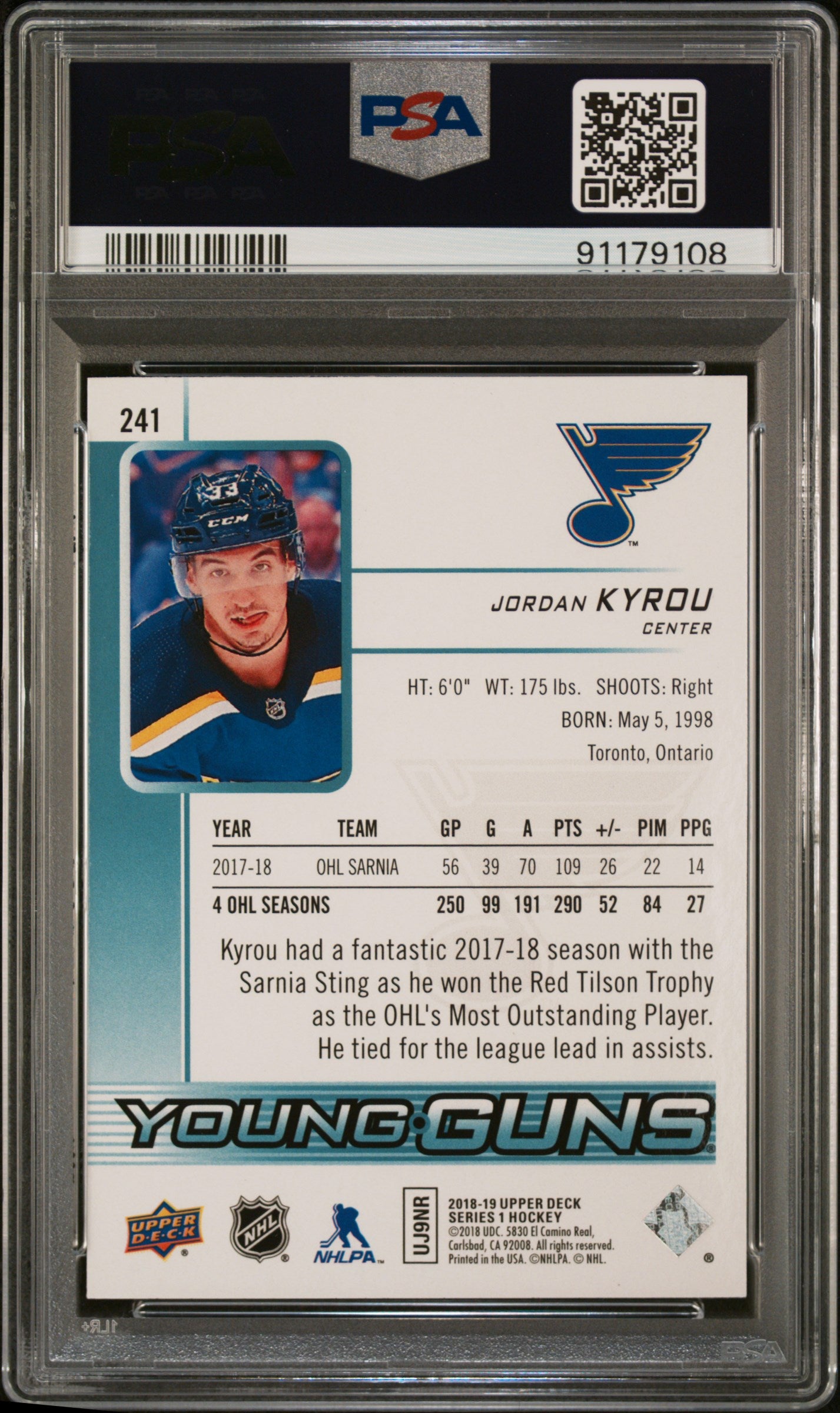 2018 Upper Deck #241 Jordan Kyrou PSA 10