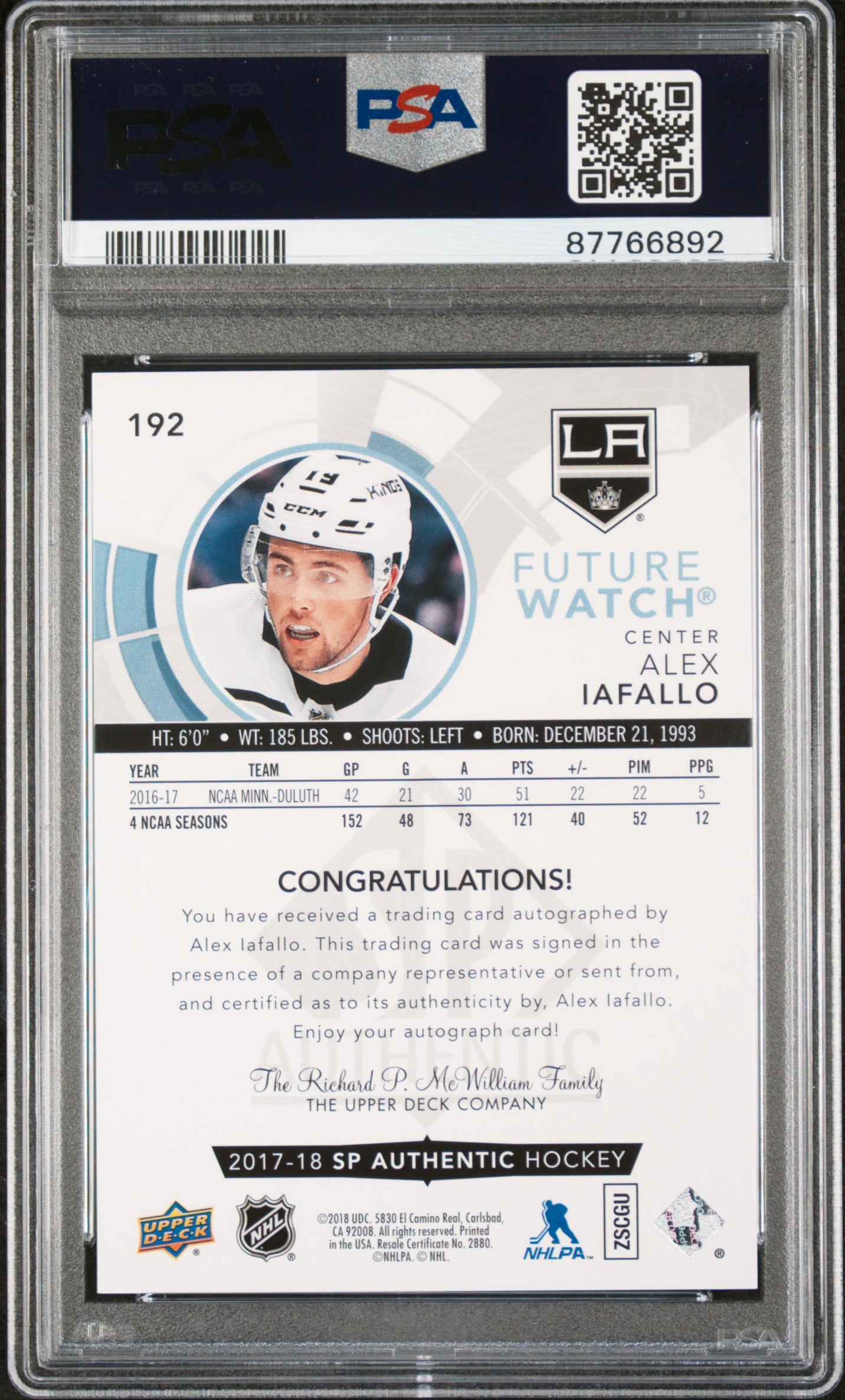 2017 Sp Authentic #192 Alex Iafallo Autograph PSA 9