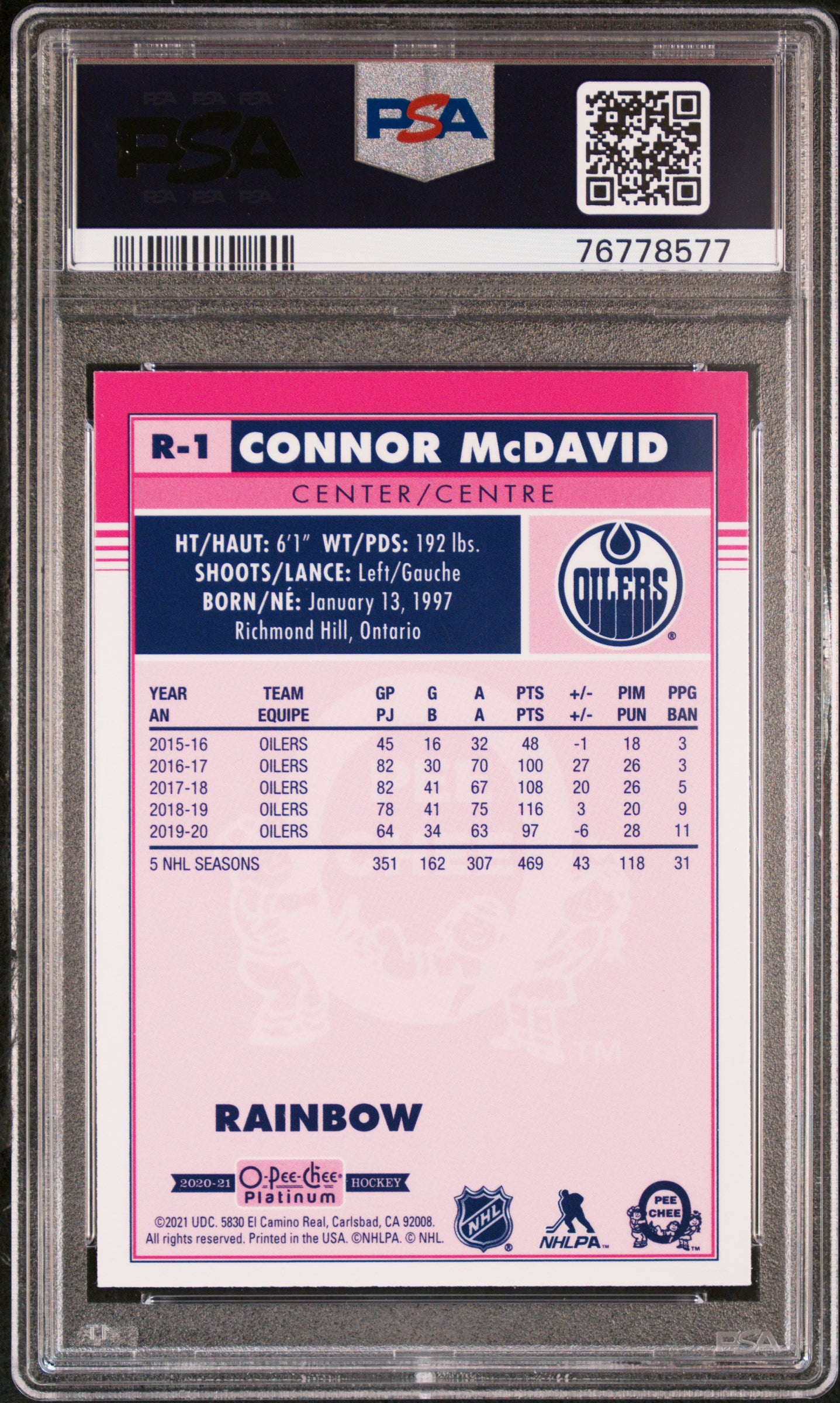 2020 O-Pee-Chee Platinum Retro #R1 Connor Mcdavid Retro-Rainbow PSA 8