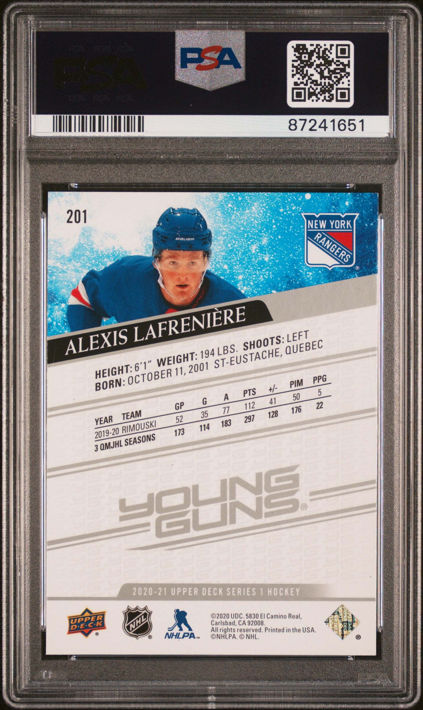 2020 Upper Deck #201 Alexis Lafreniere PSA 8