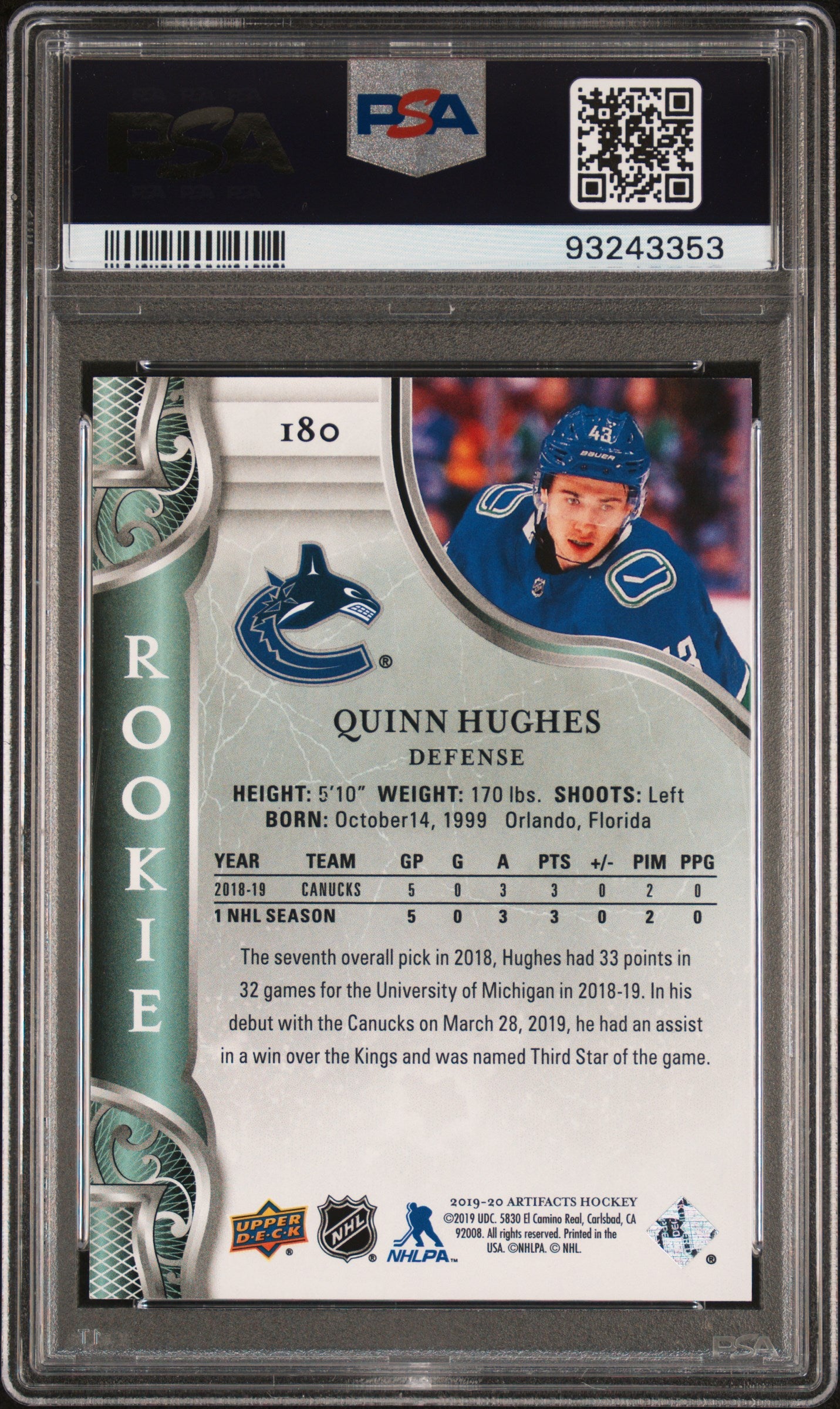 2019 Upper Deck Artifacts #180 Quinn Hughes Ruby PSA 9