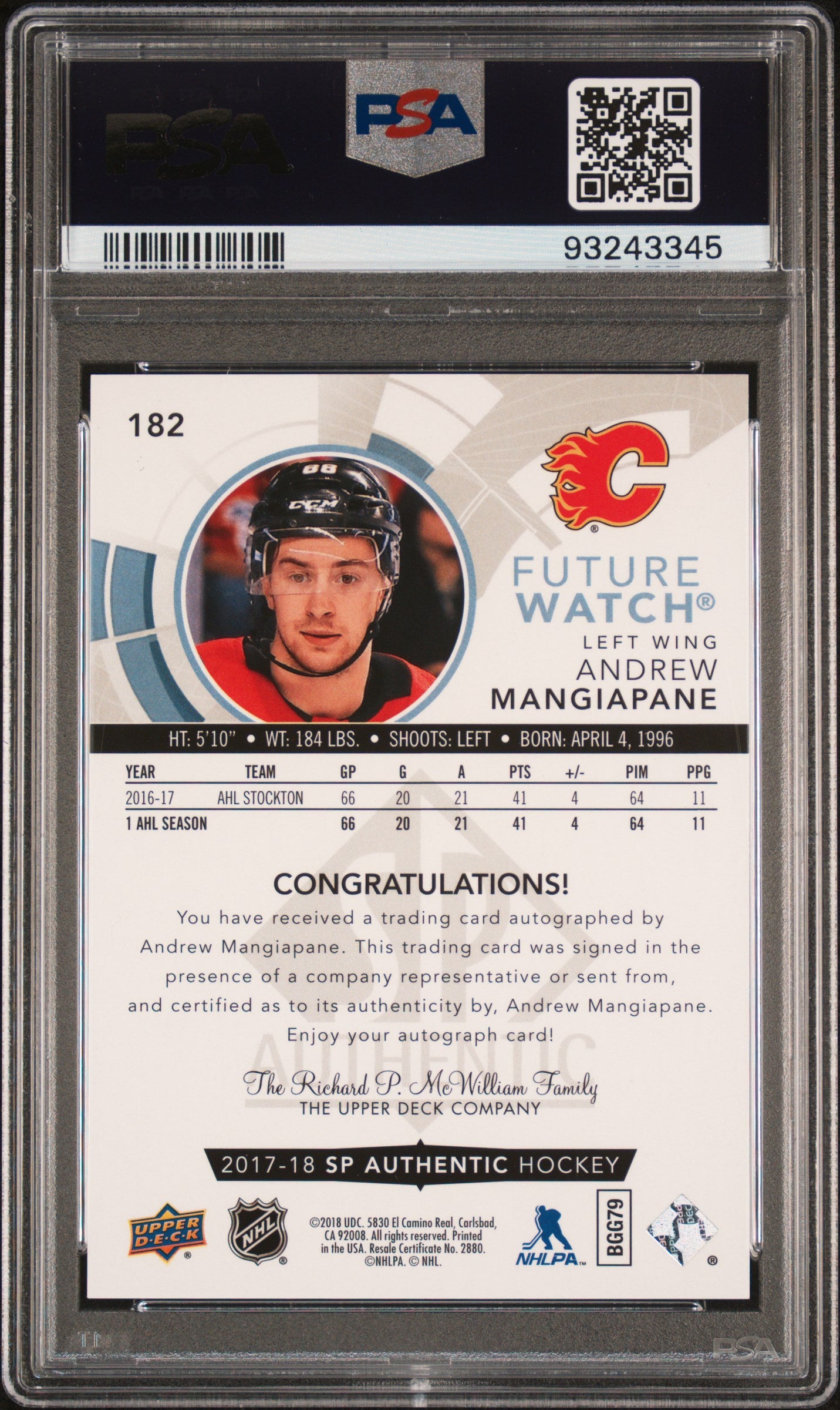 2017 Sp Authentic #182 Andrew Mangiapane Autograph PSA 9