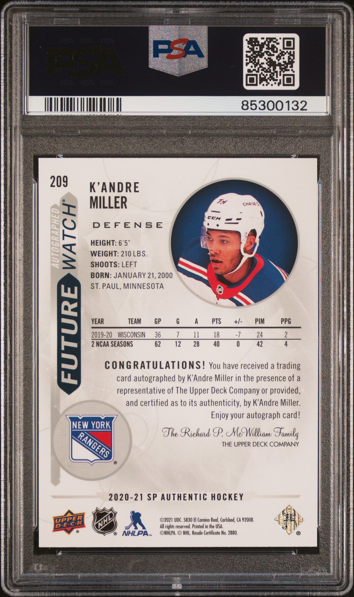 2020 Sp Authentic #209 K'Andre Miller Autograph PSA 10