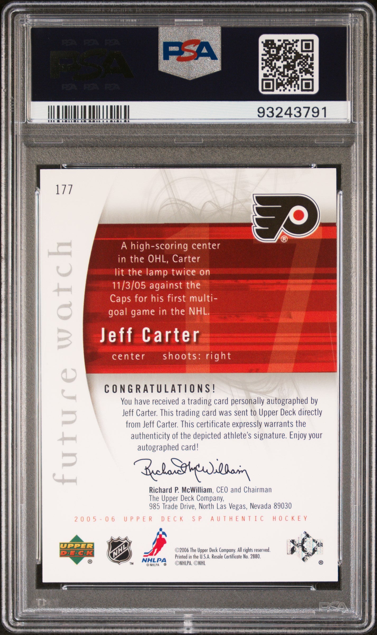 2005 Sp Authentic #177 Jeff Carter Autograph PSA 9