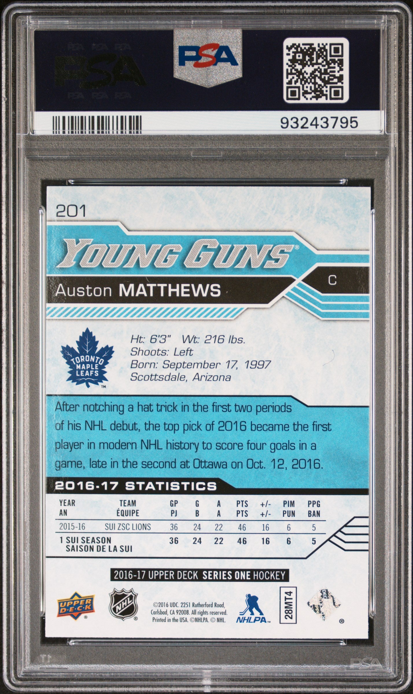 2016 Upper Deck #201 Auston Matthews PSA 9
