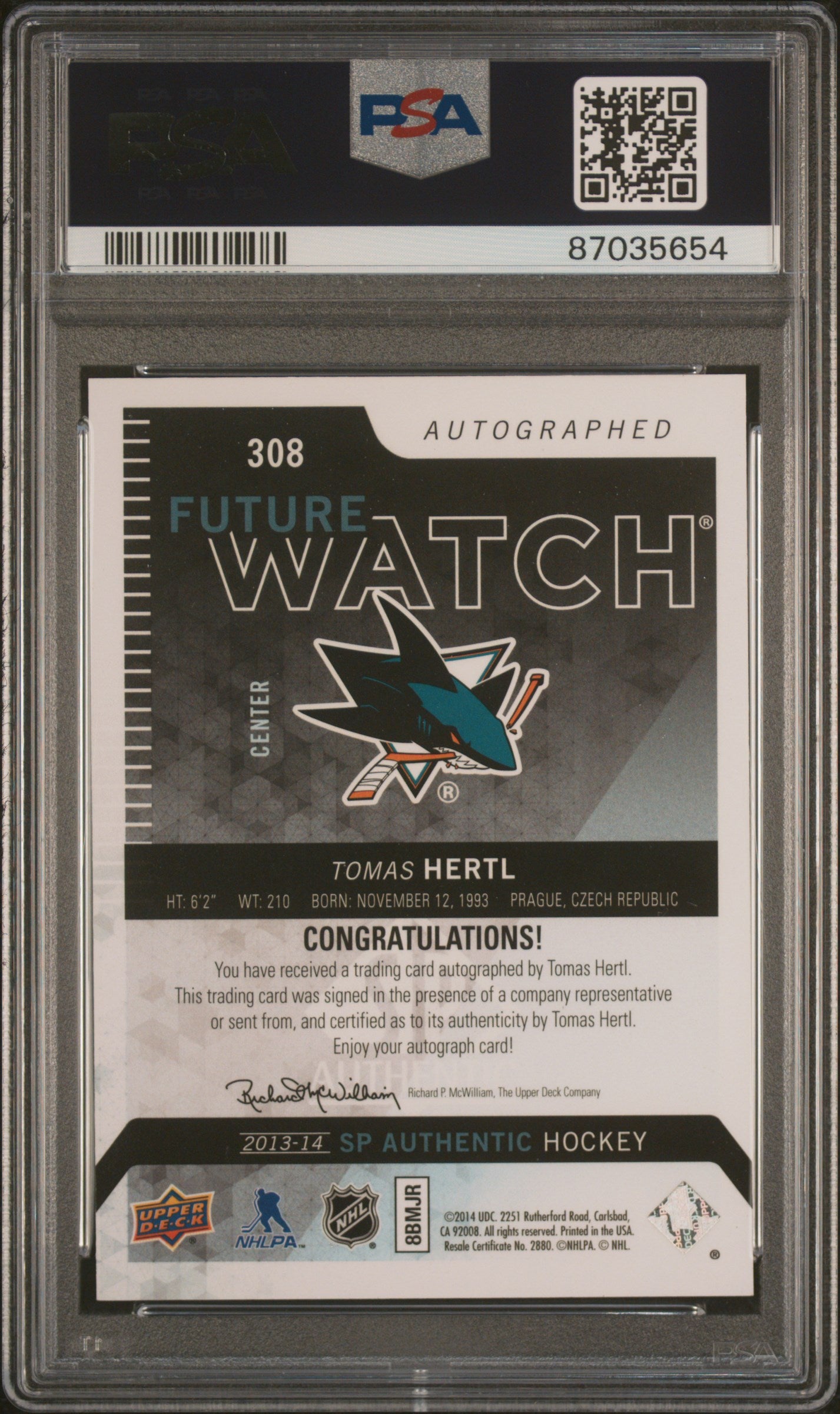 2013 Sp Authentic #308 Tomas Hertl Autograph PSA 9