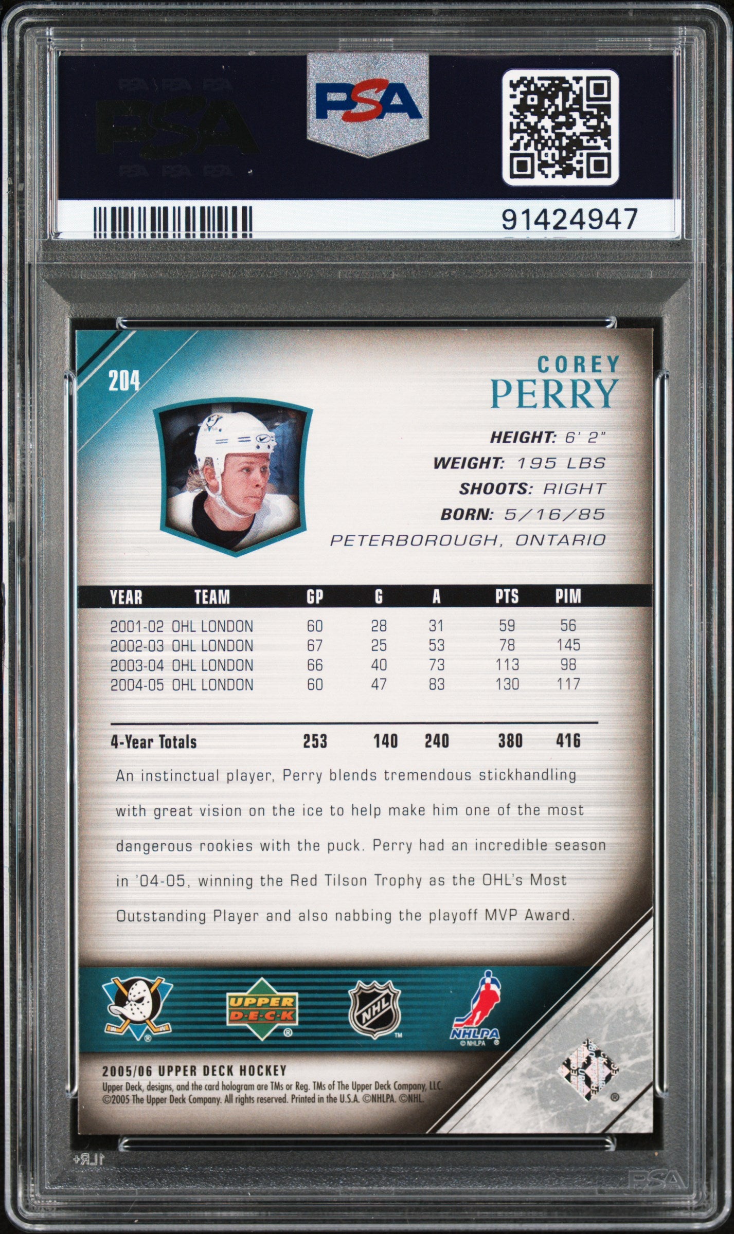 2005 Upper Deck #204 Corey Perry PSA 9