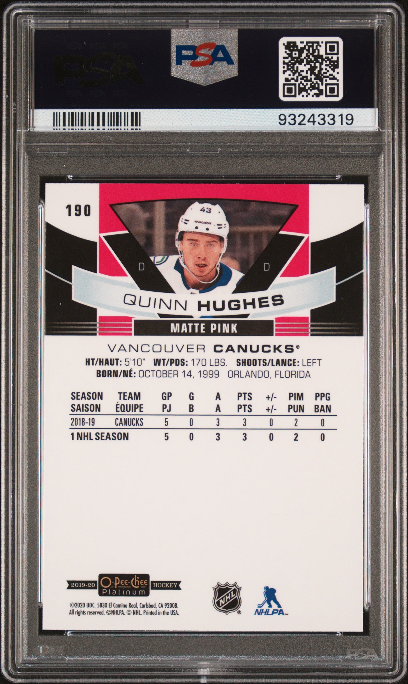 2019 O-Pee-Chee Platinum #190 Quinn Hughes Matte Pink PSA 10