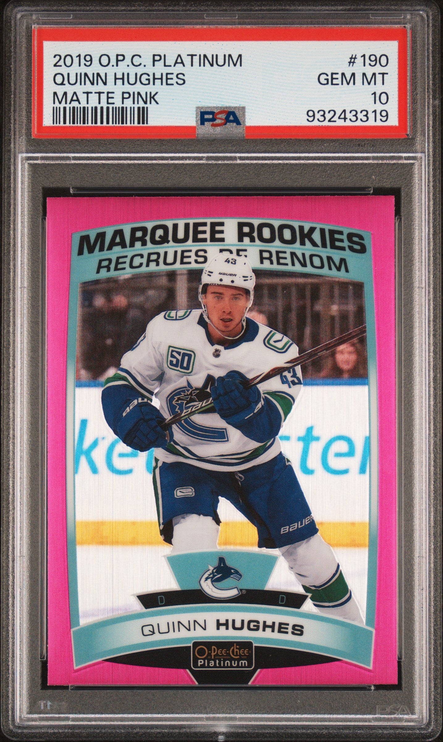 2019 O-Pee-Chee Platinum #190 Quinn Hughes Matte Pink PSA 10