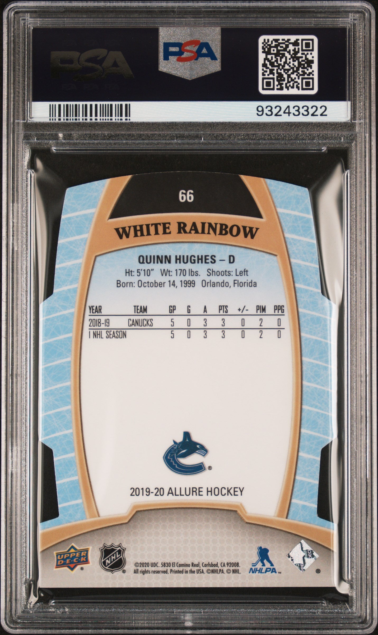 2019 Upper Deck Allure #66 Quinn Hughes White Rainbow PSA 9