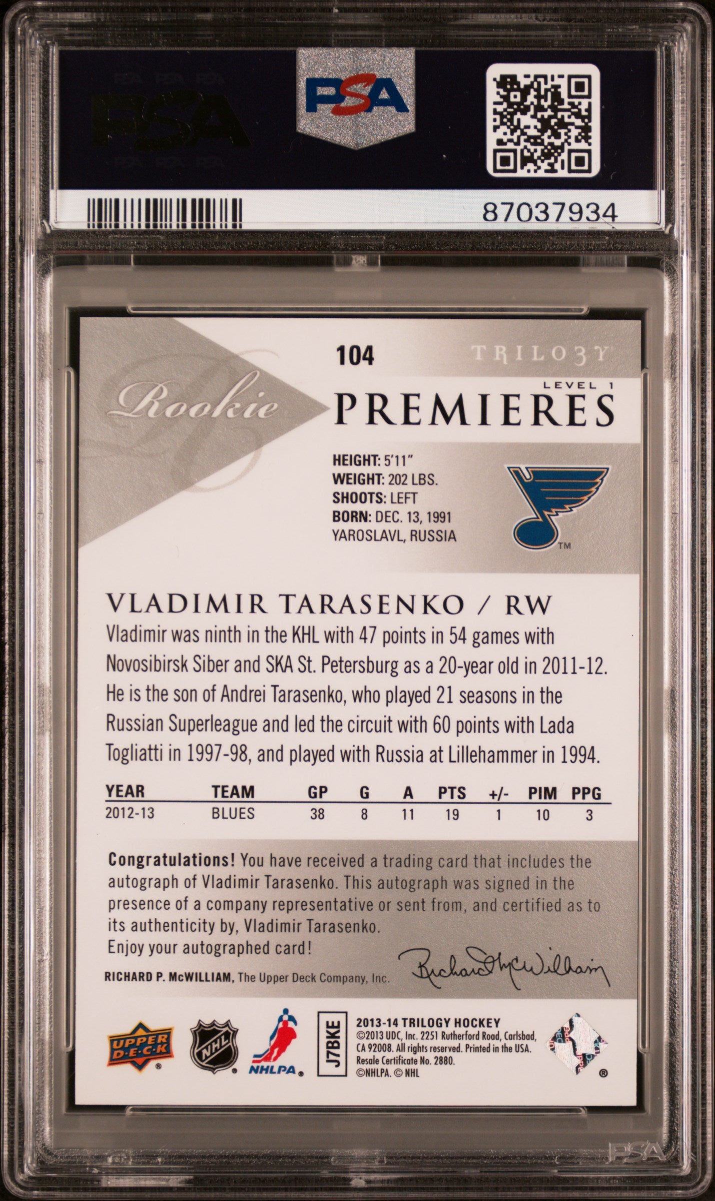 2013 Upper Deck Trilogy #104 Vladimir Tarasenko Autograph PSA 10