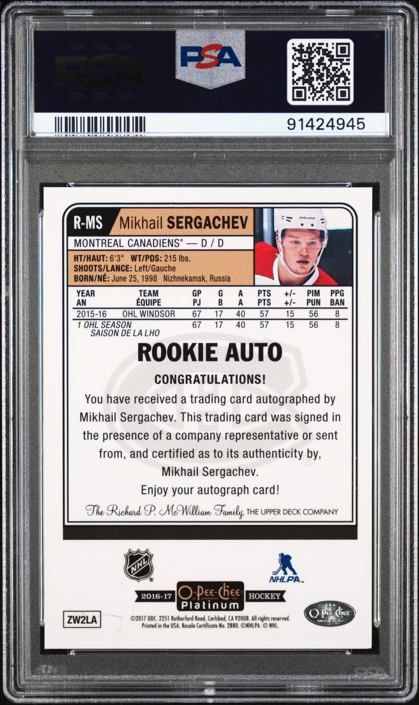 2016 O-Pee-Chee Platinum Rookie Autographs #RMS Mikhail Sergachev Autographs PSA 9