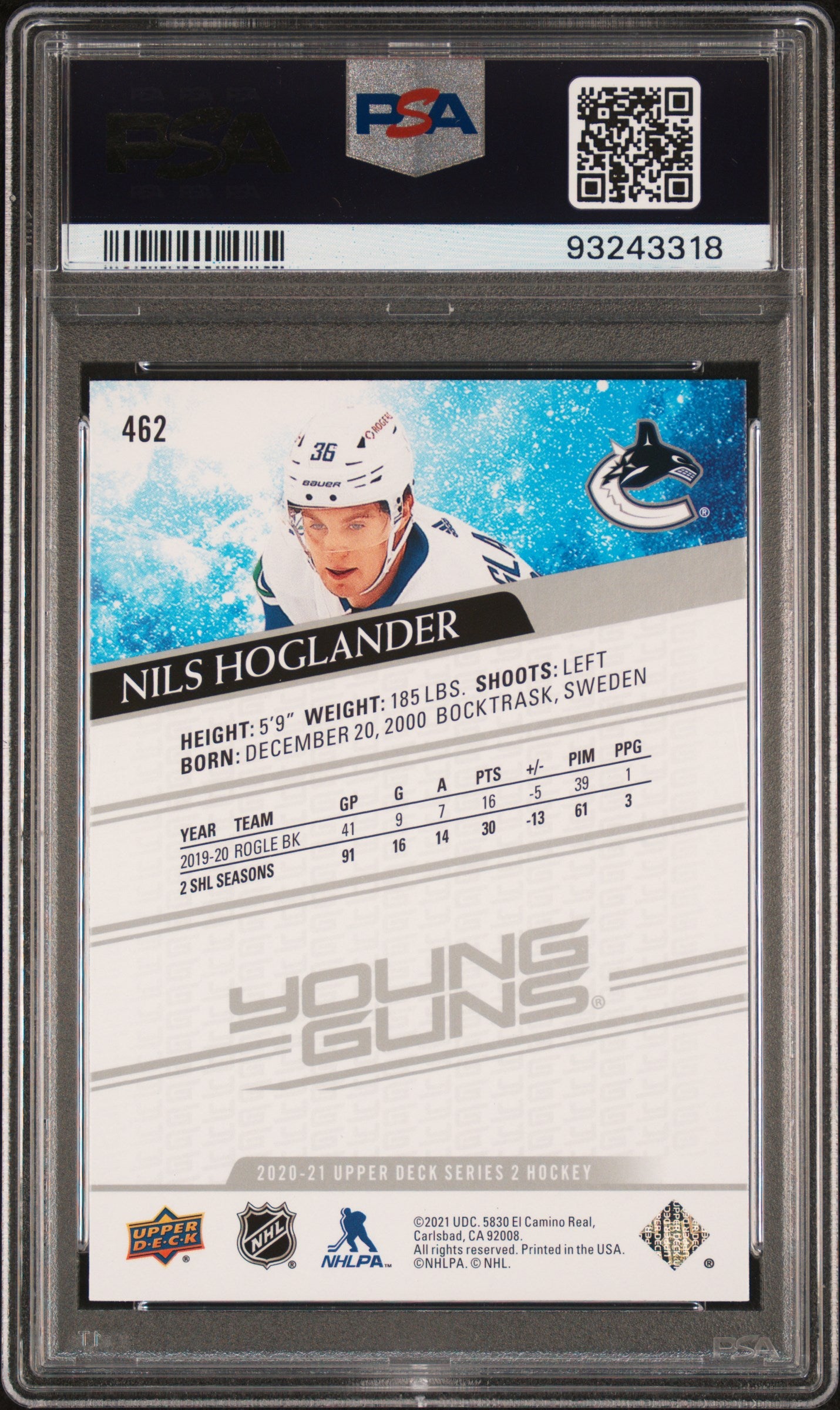 2020 Upper Deck #462 Nils Hoglander PSA 10