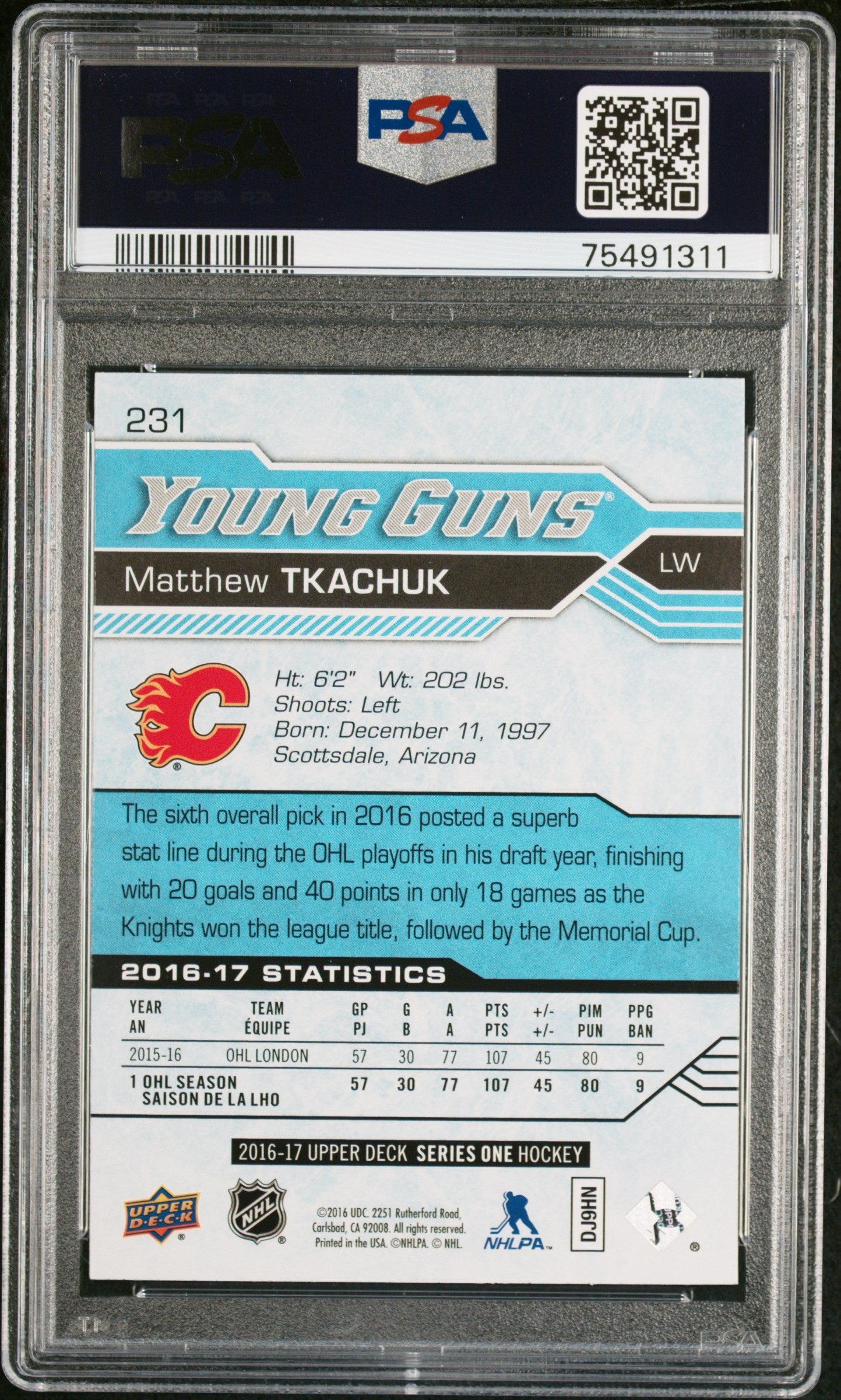 2016 Upper Deck #231 Matthew Tkachuk PSA 9