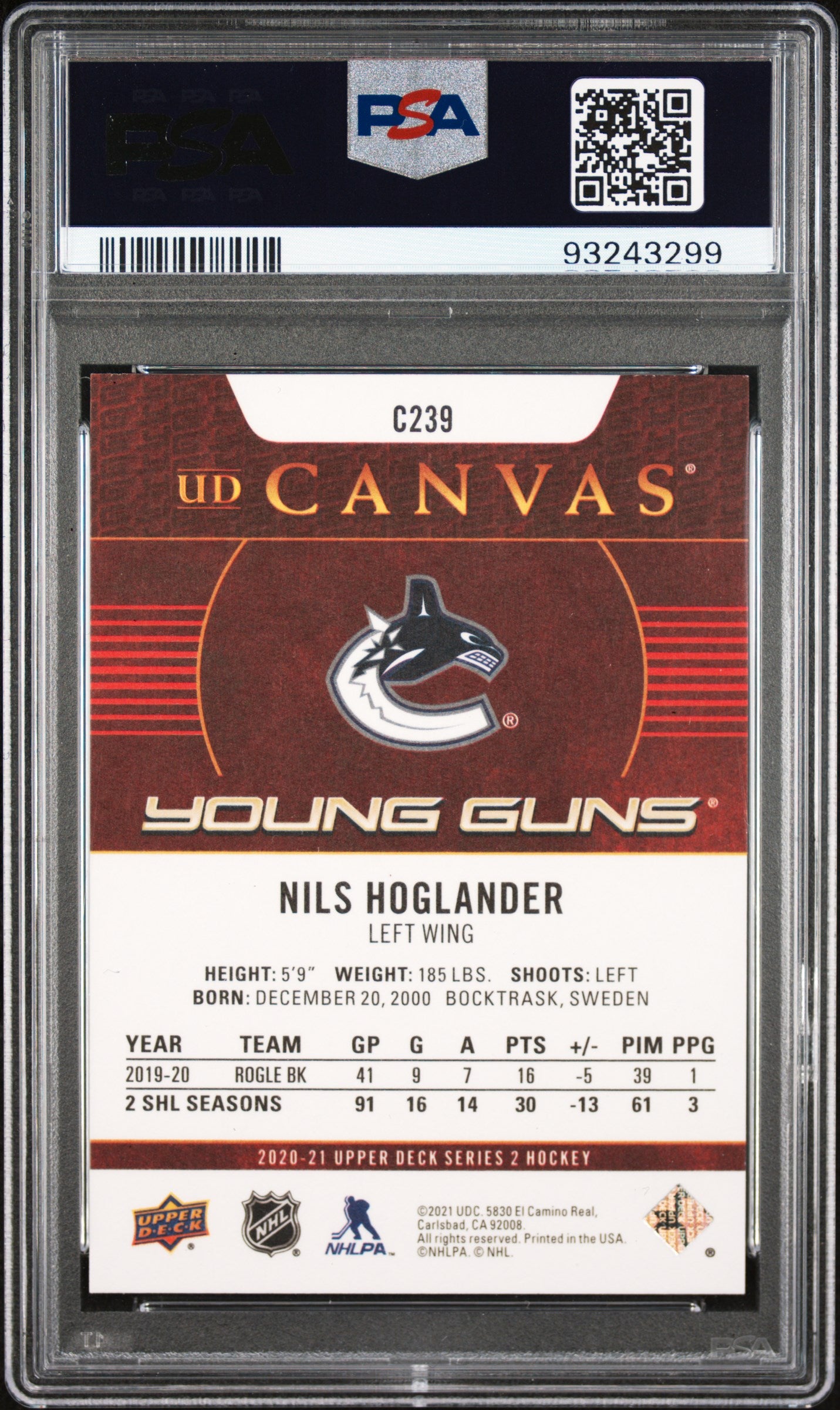 2020 Upper Deck Ud Canvas #C239 Nils Hoglander Ud Canvas PSA 10