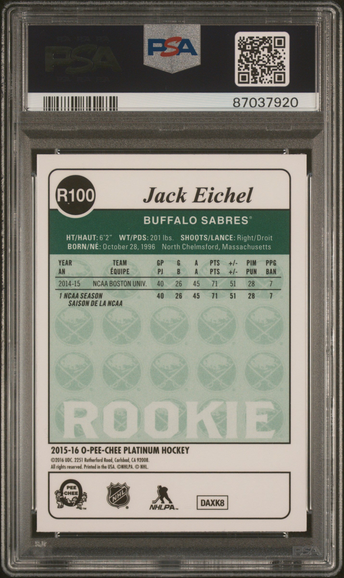 2015 O-Pee-Chee Platinum Retro #R100 Jack Eichel Retro PSA 9