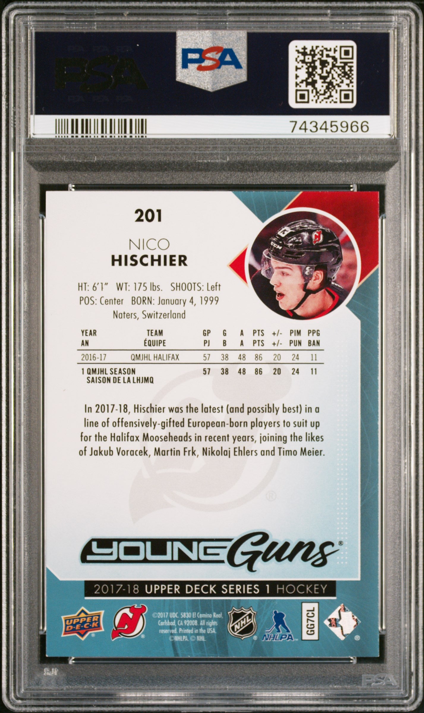 2017 Upper Deck #201 Nico Hischier PSA 9