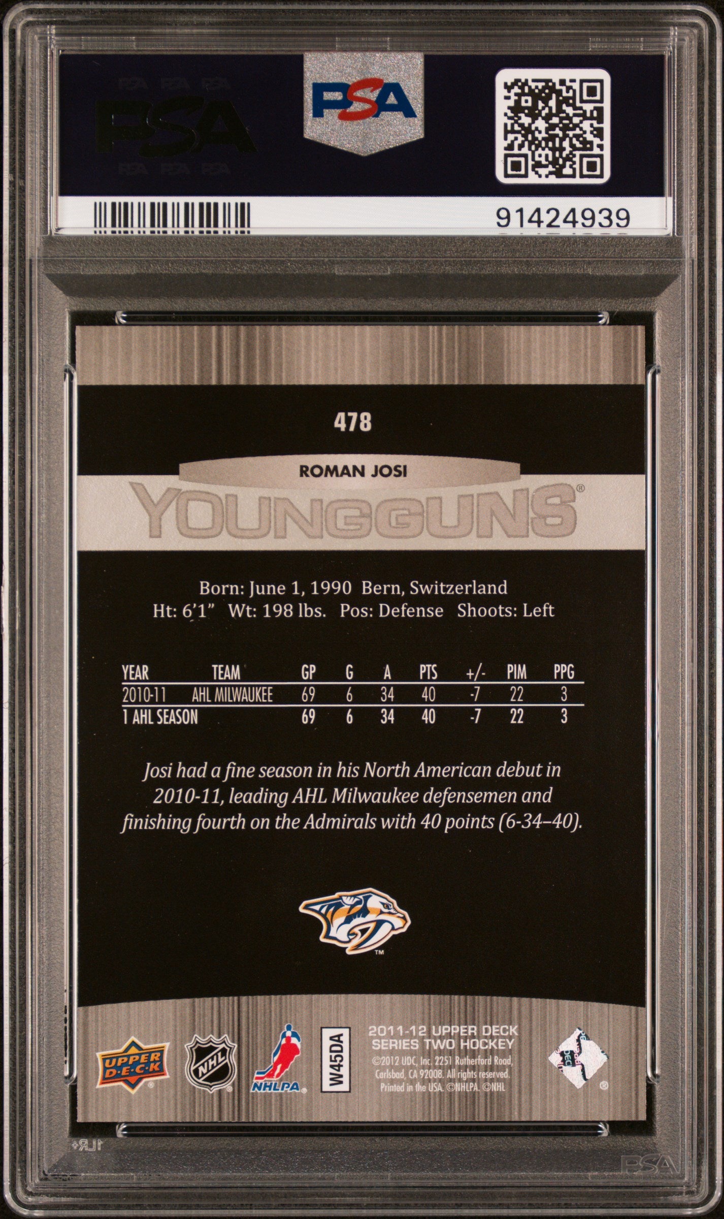 2011 Upper Deck #478 Roman Josi PSA 8