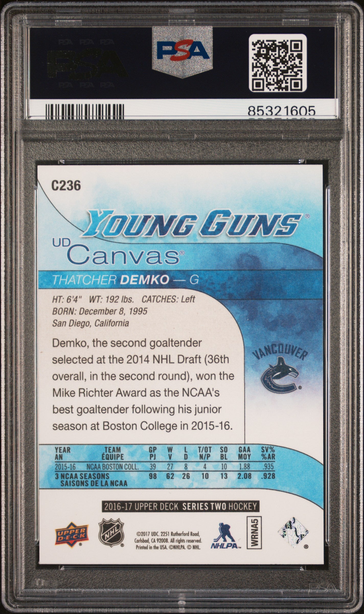 2016 Upper Deck Canvas #C236 Thatcher Demko PSA 9