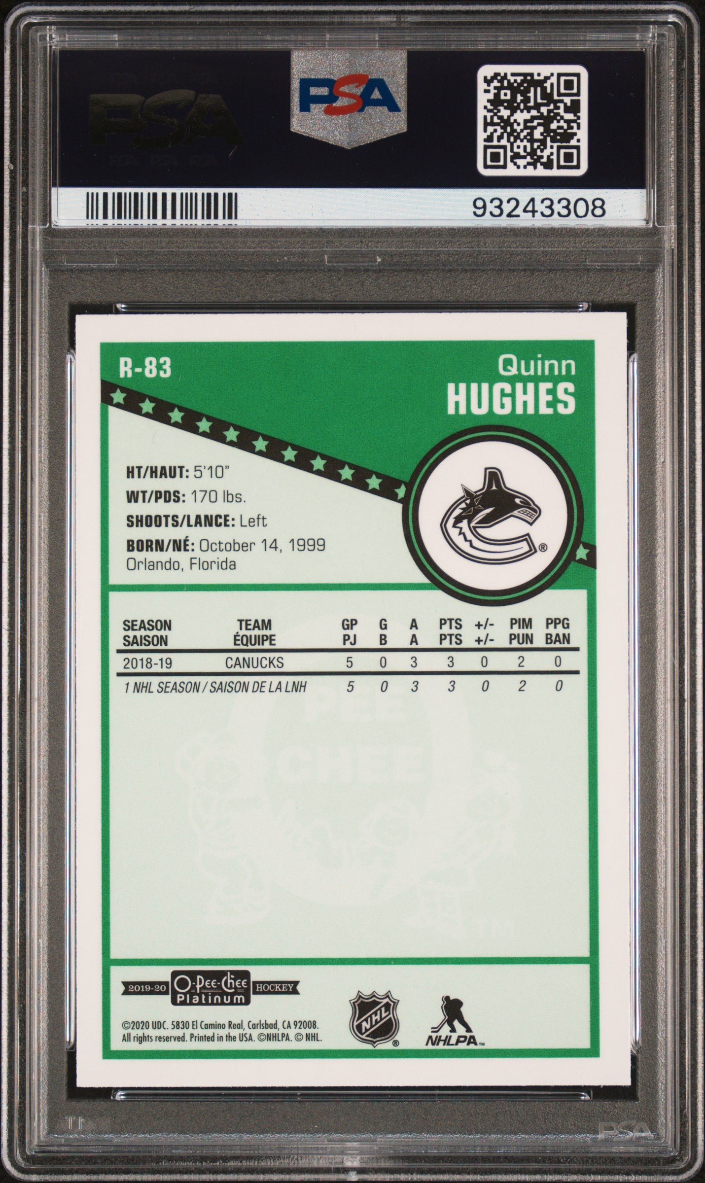 2019 O-Pee-Chee Platinum Retro #R-83 Quinn Hughes Retro PSA 10