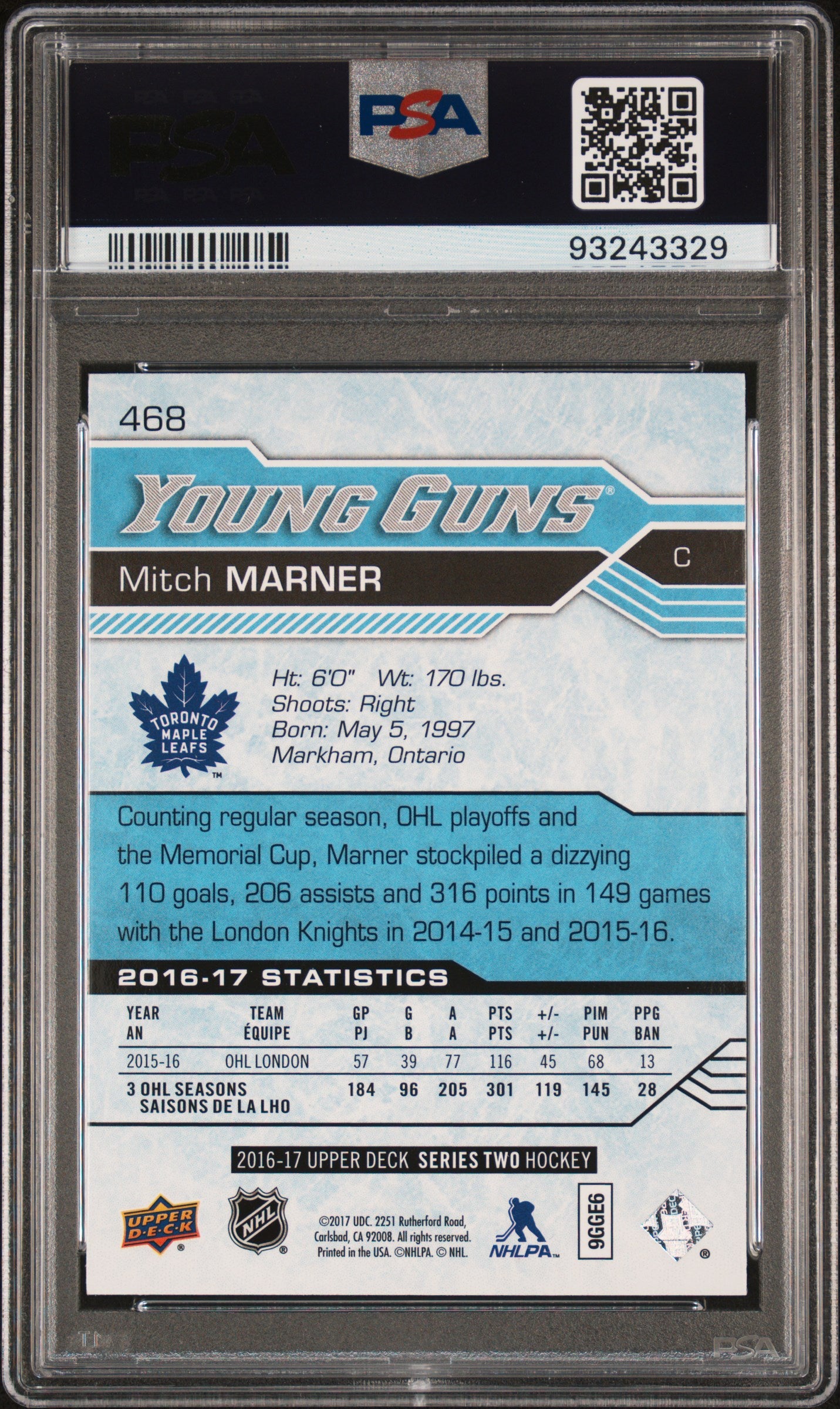 2016 Upper Deck #468 Mitch Marner PSA 9
