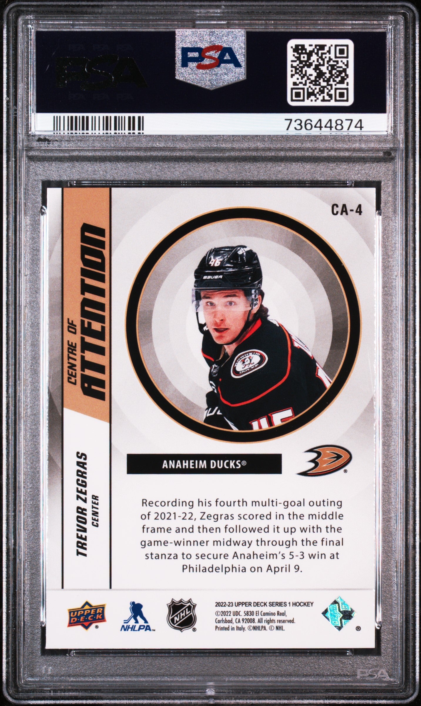 2022 Upper Deck Centre Of Attention #CA4 Trevor Zegras Centre/Attention-Gold PSA 9