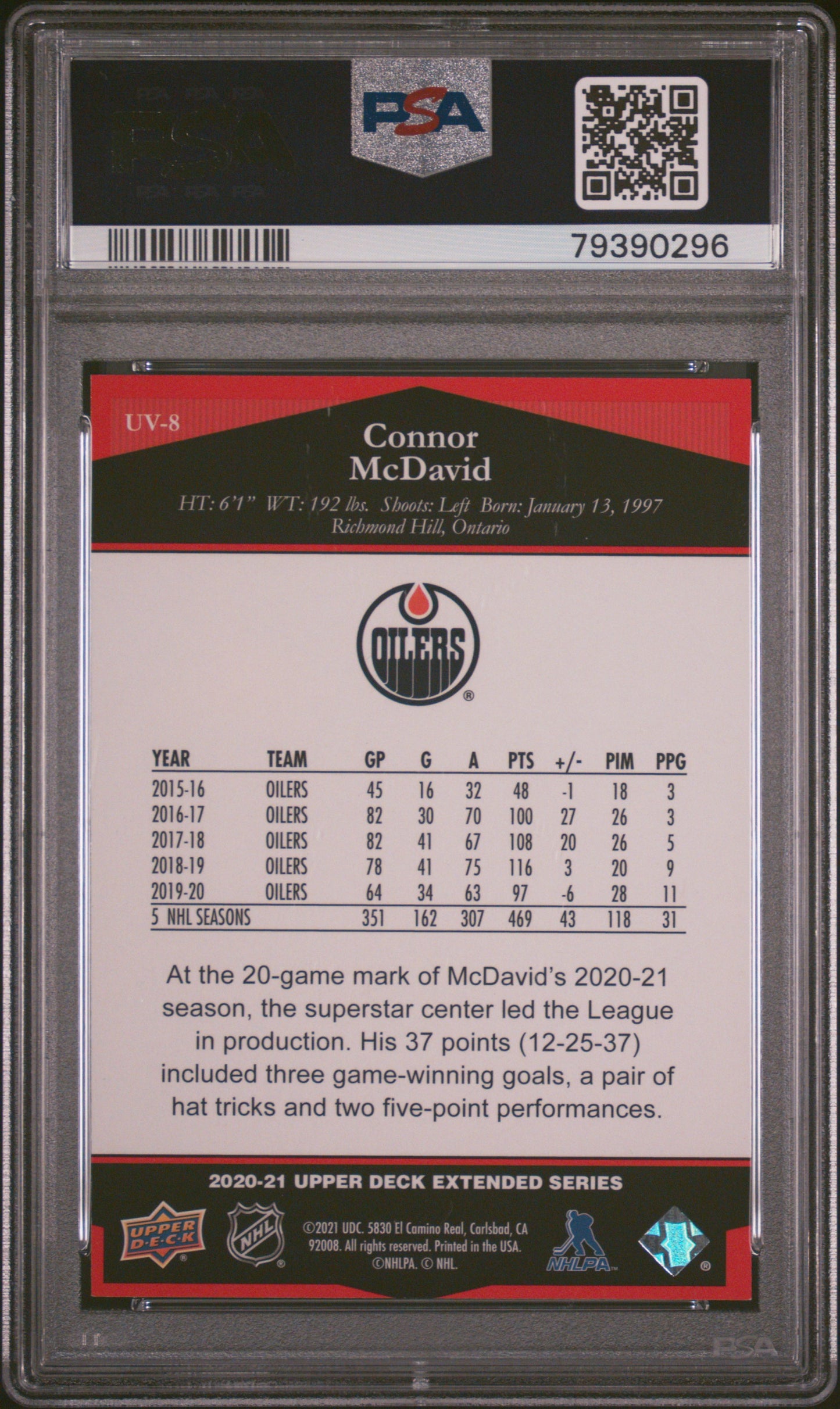 2020 Upper Deck Extended Series Ultimate Victory #UV8 Connor Mcdavid Ultimate Victory-Red PSA 9