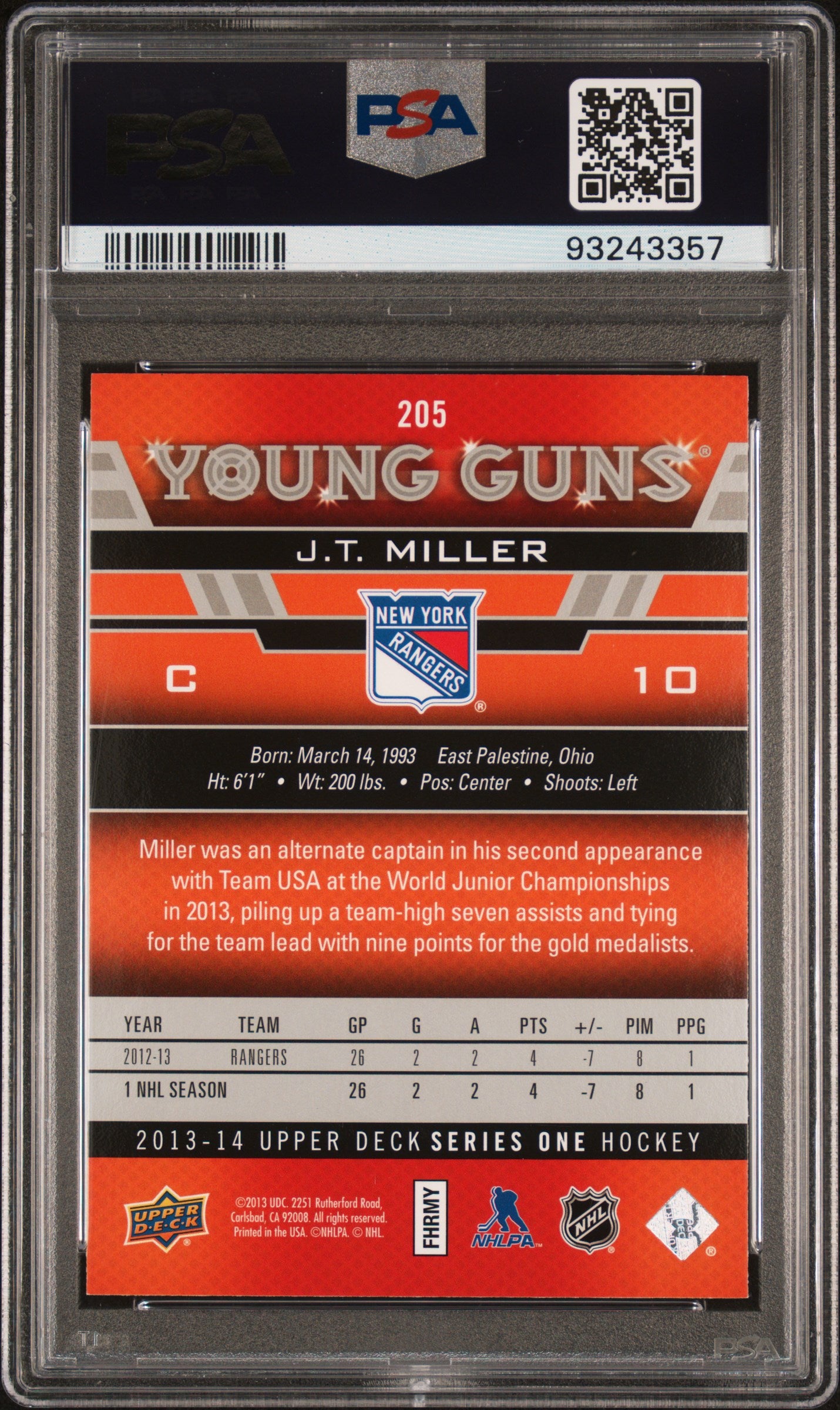 2013 Upper Deck #205 J.T. Miller PSA 9
