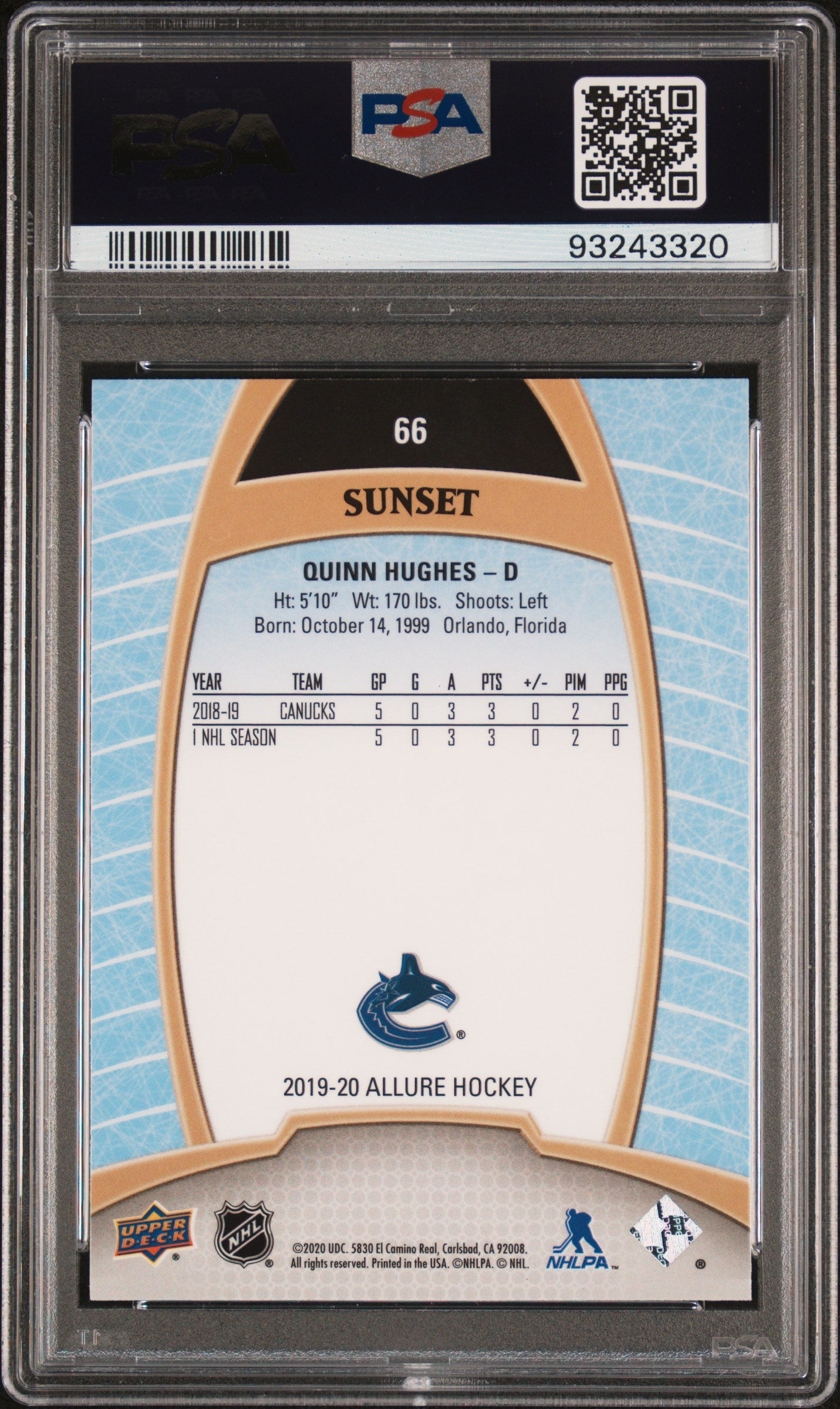 2019 Upper Deck Allure #66 Quinn Hughes Sunset PSA 9