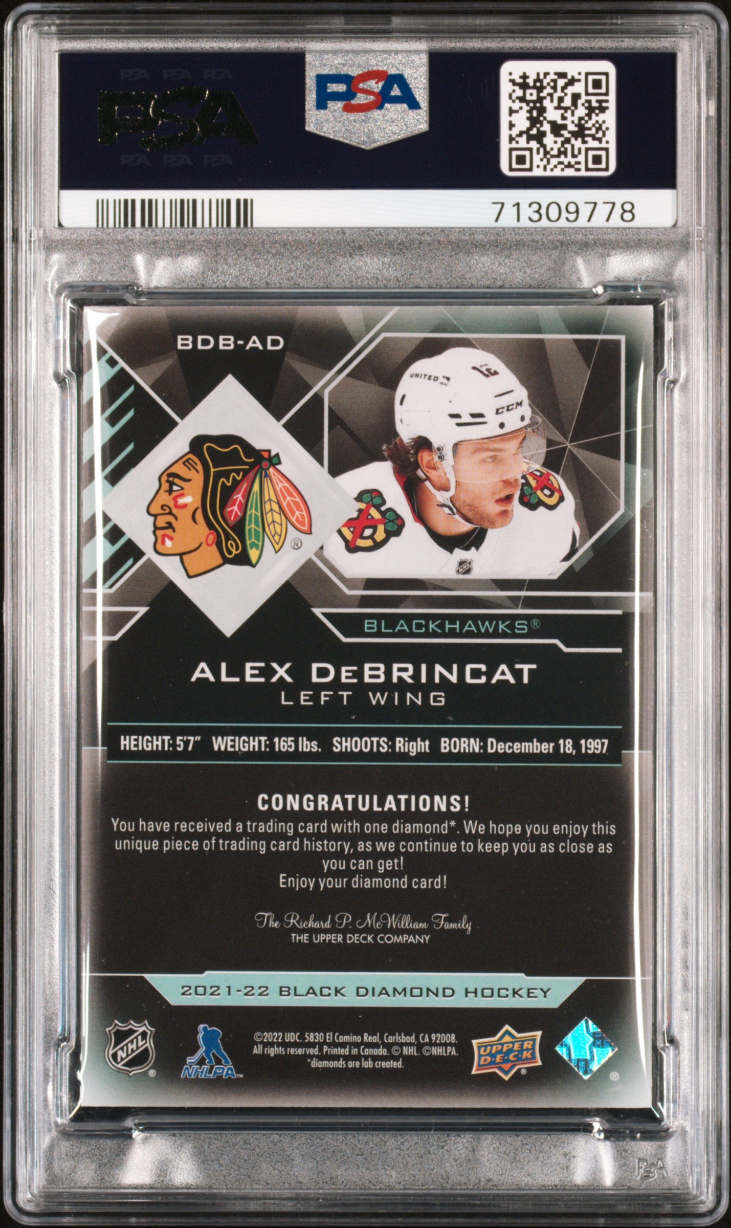2021 Upper Deck Black Diamond #BDBAD Alex Debrincat Diamond Relics PSA 8