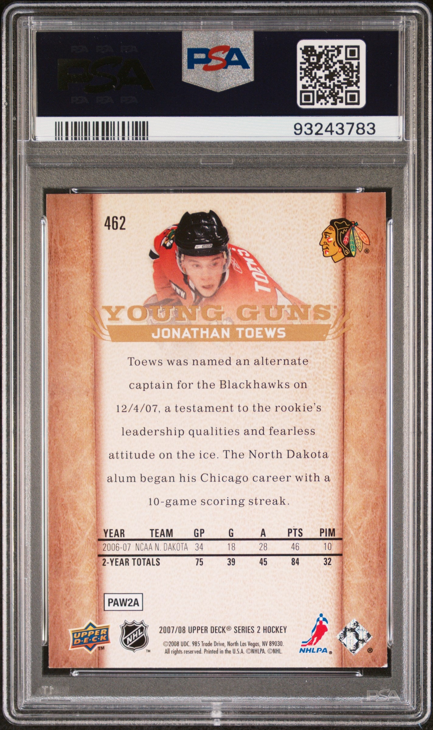 2007 Upper Deck #462 Jonathan Toews PSA 8