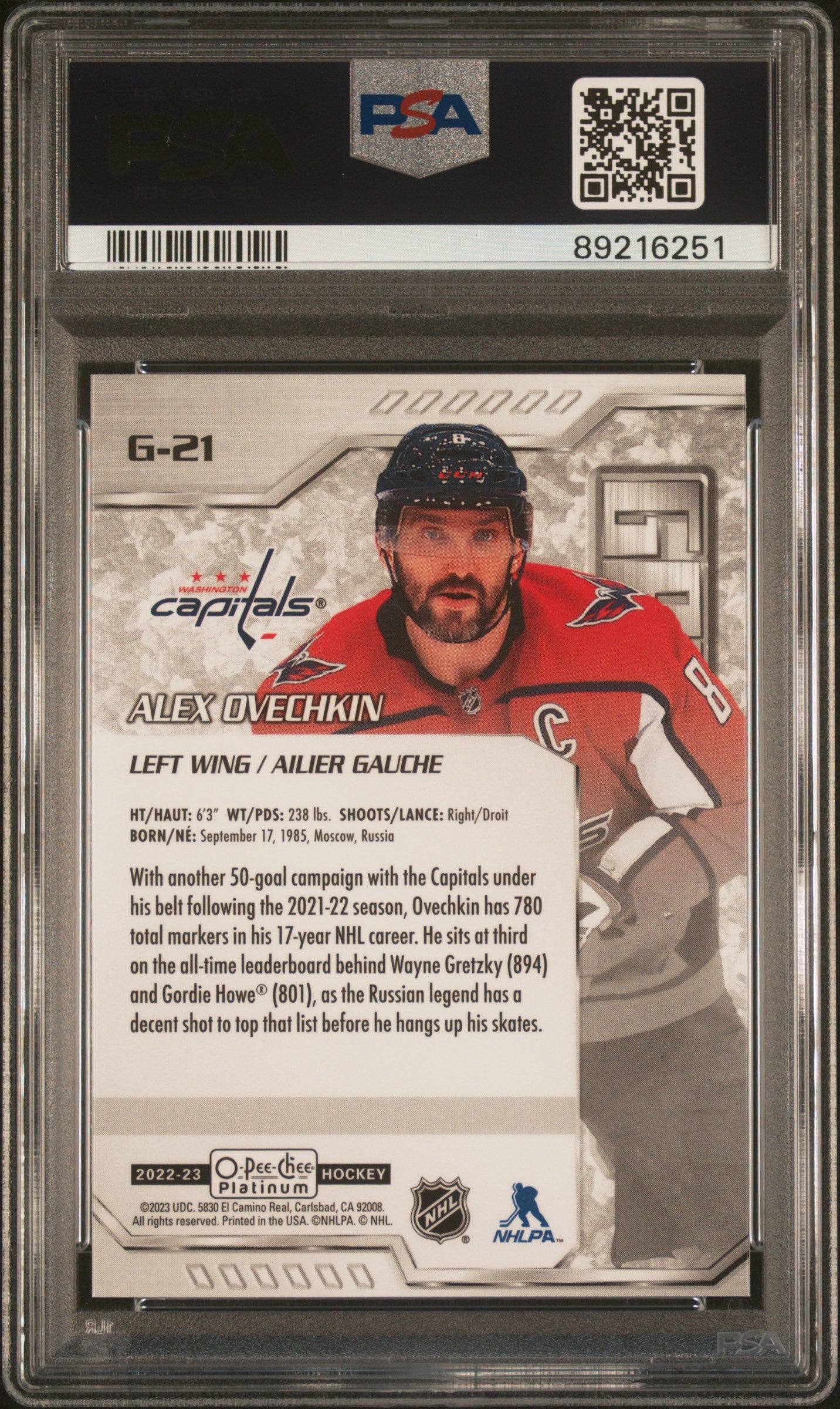 2022 O-Pee-Chee Platinum Galvanized #G21 Alex Ovechkin PSA 10