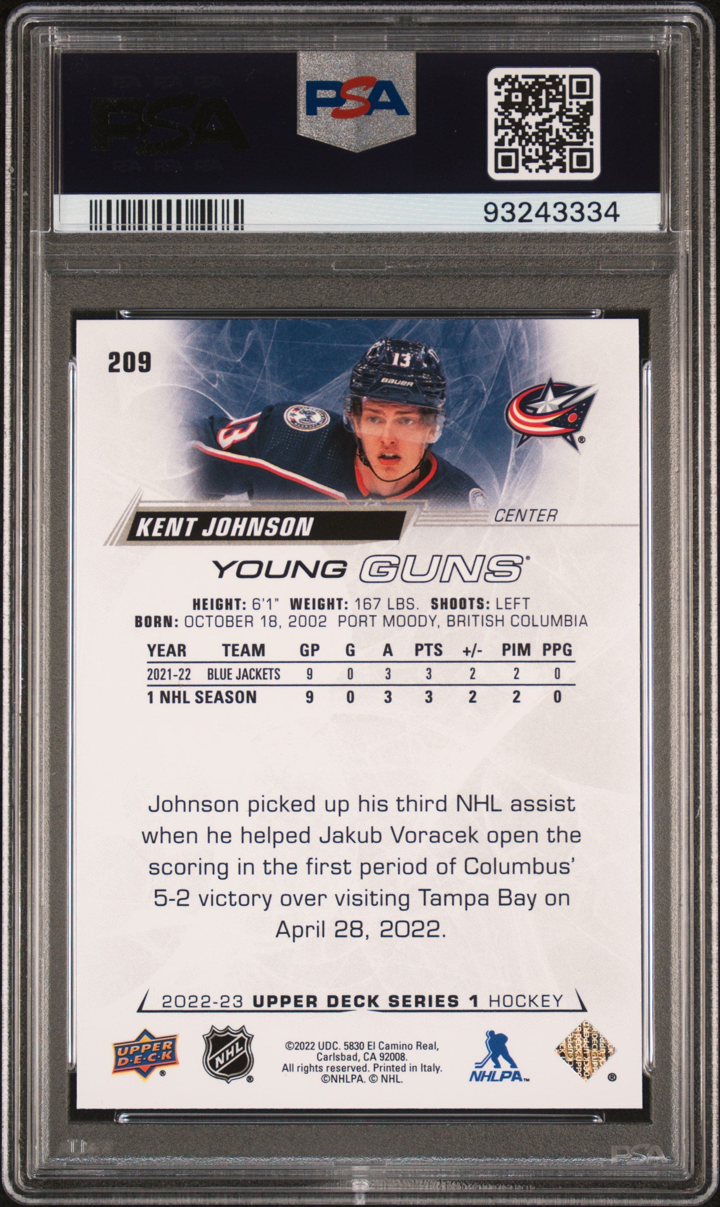 2022 Upper Deck #209 Kent Johnson PSA 10