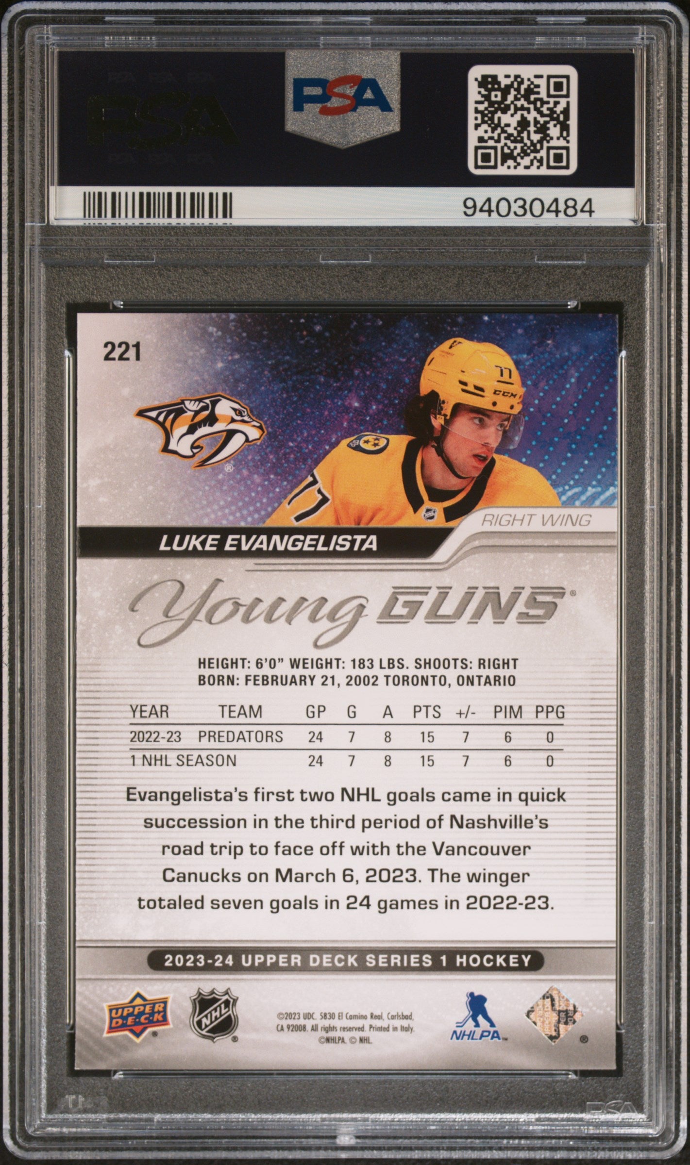 2023 Upper Deck #221 Luke Evangelista Silver Foil PSA 9