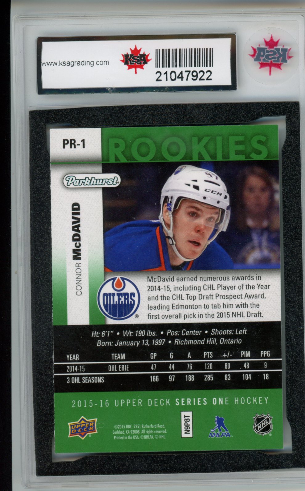 2015-16 Upper Deck Parkhurst PRR-1 Connor McDavid Rookie Year Green Parallel