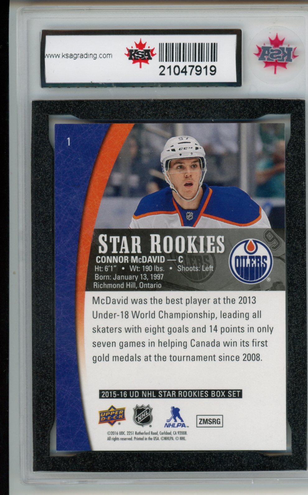 2015-16 Upper Deck Star Rookies #1 Connor McDavid Rookie Year KSA 10 Gem Mint