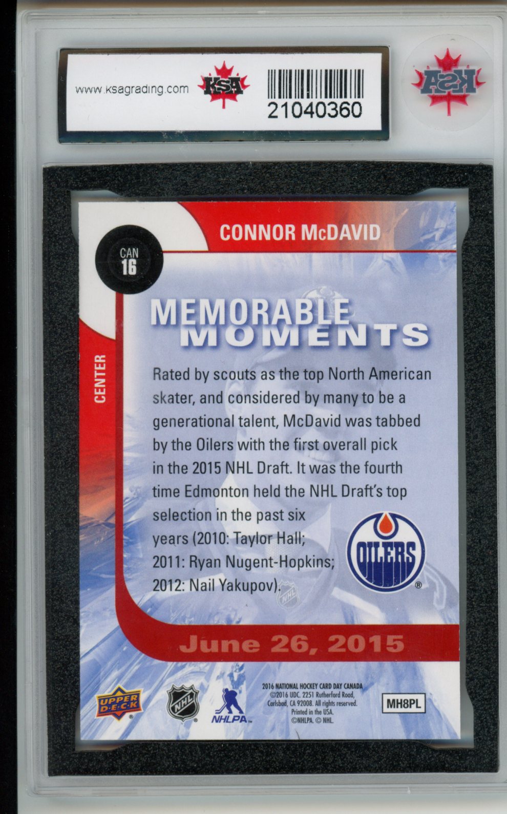 2015-16 Upper Deck National Card Day #Can16 Connor McDavid KSA 10 Gem Mint