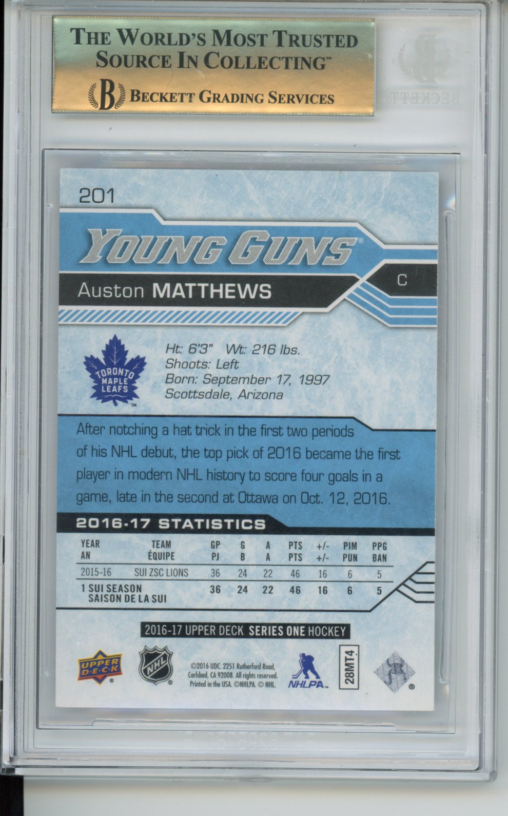 2016-17 Upper Deck #201 Auston Matthews Young Guns Rookie Card BGS 9.5 GEM MINT