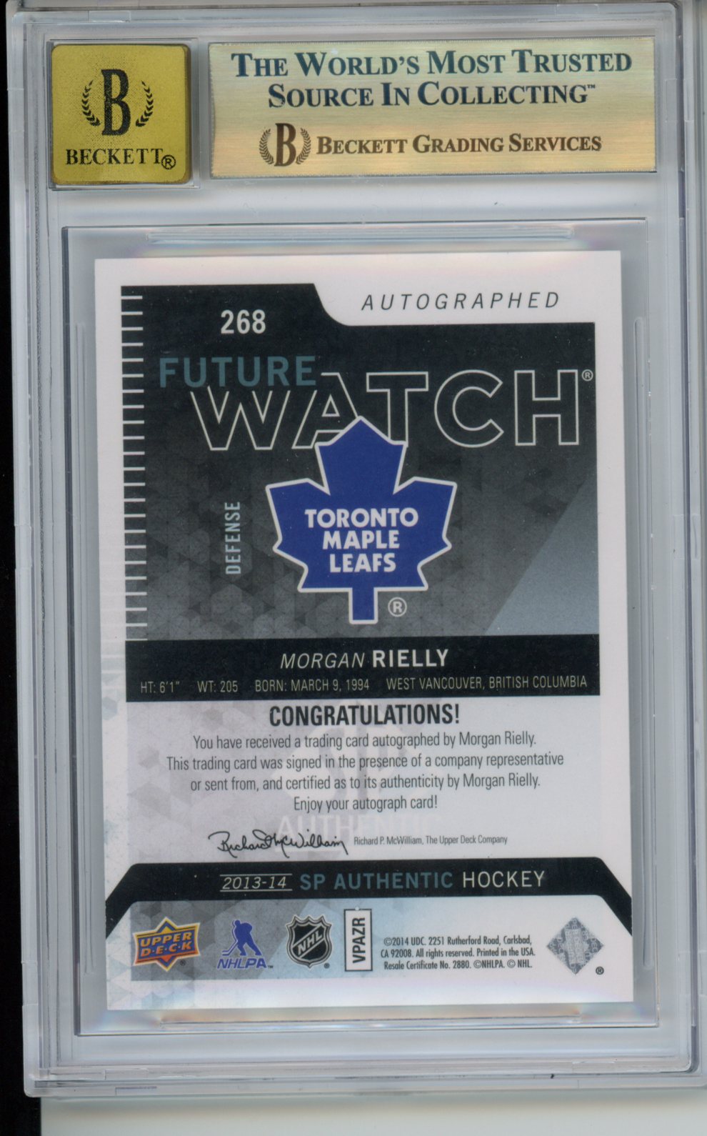 2013-14 SP Authentic #268 Morgan Rielly Future Watch Auto RC BGS 9.5 Auto 10