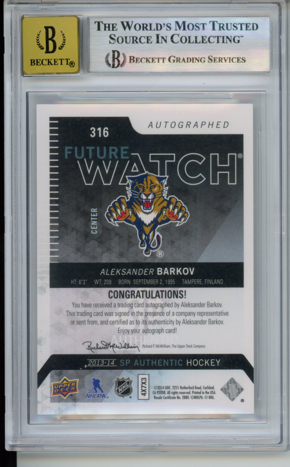 2013-14 SP Authentic #316 Aleksander Barkov Future Watch Auto RC BGS 9.0 Auto 10