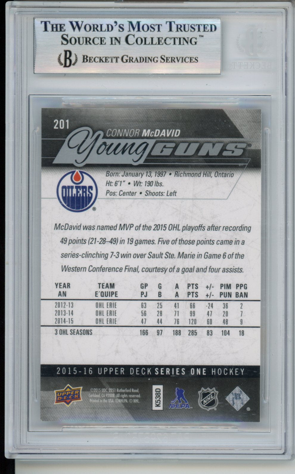 2015-16 Upper Deck #201 Connor McDavid Young Guns RC BGS 9.0