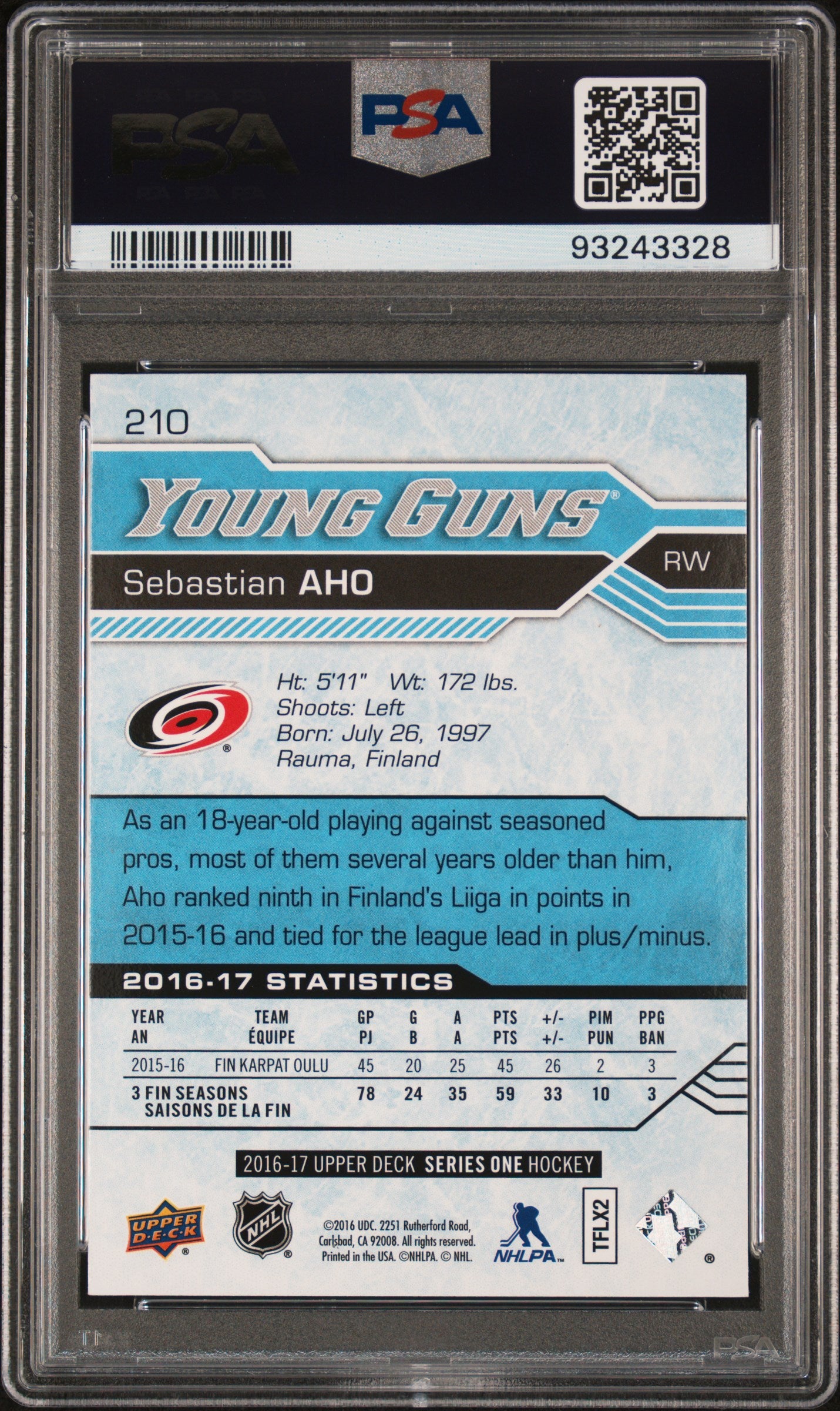 2016 Upper Deck #210 Sebastian Aho PSA 10