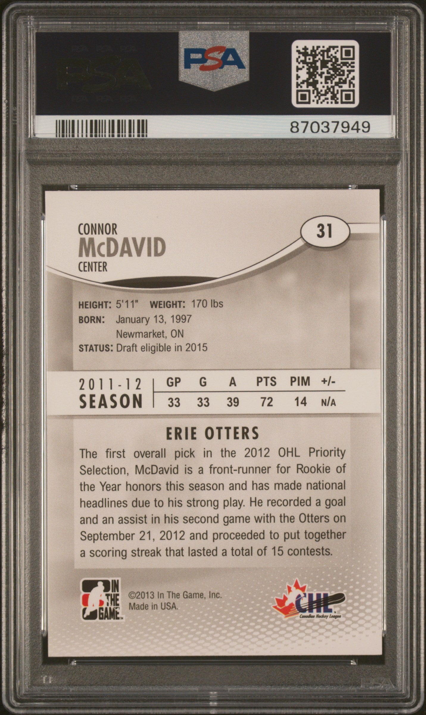 2012 Itg Heroes And Prospects #31 Connor Mcdavid PSA 10