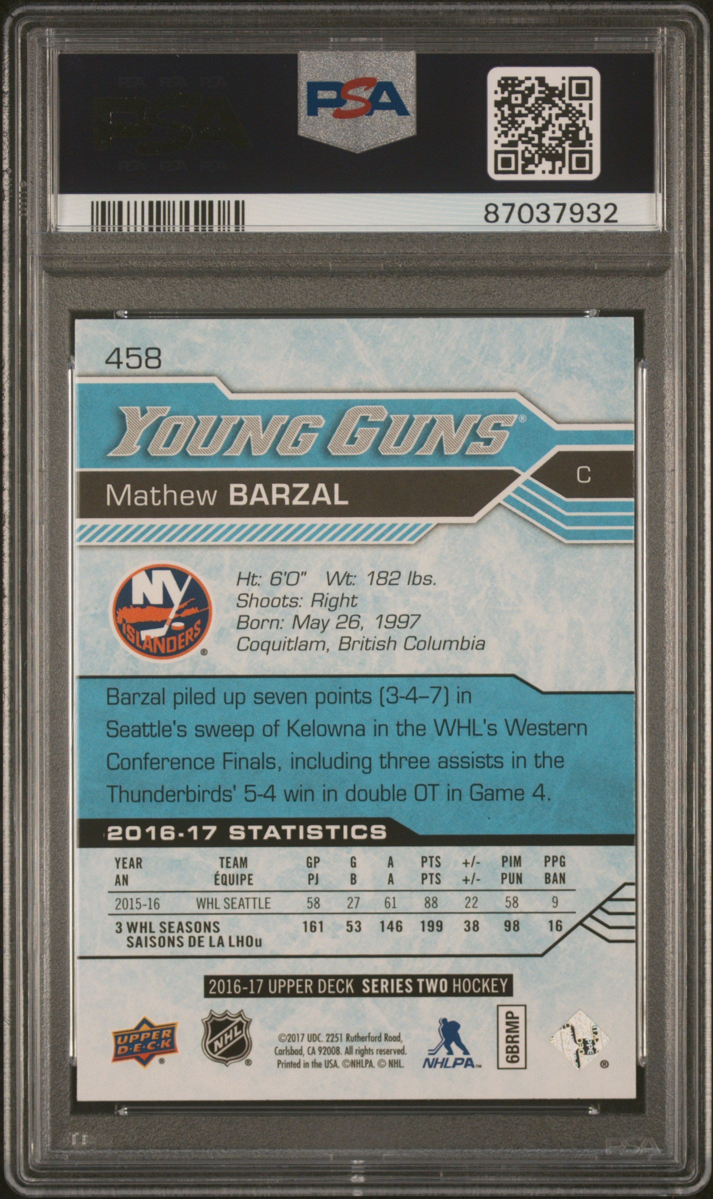2016 Upper Deck #458 Mathew Barzal PSA 10