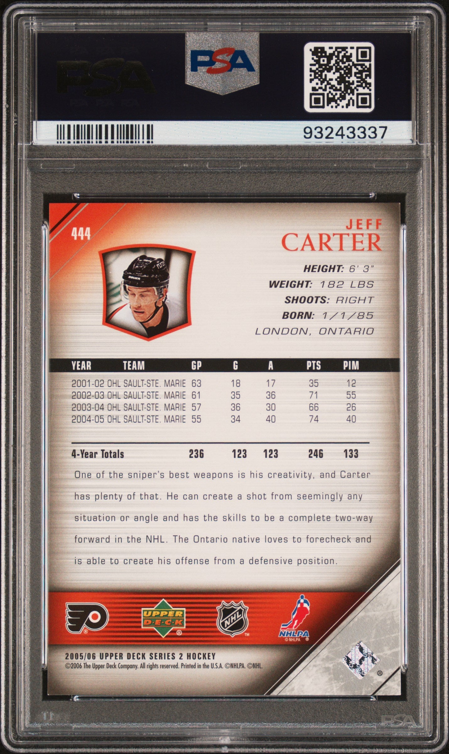2005 Upper Deck #444 Jeff Carter PSA 9