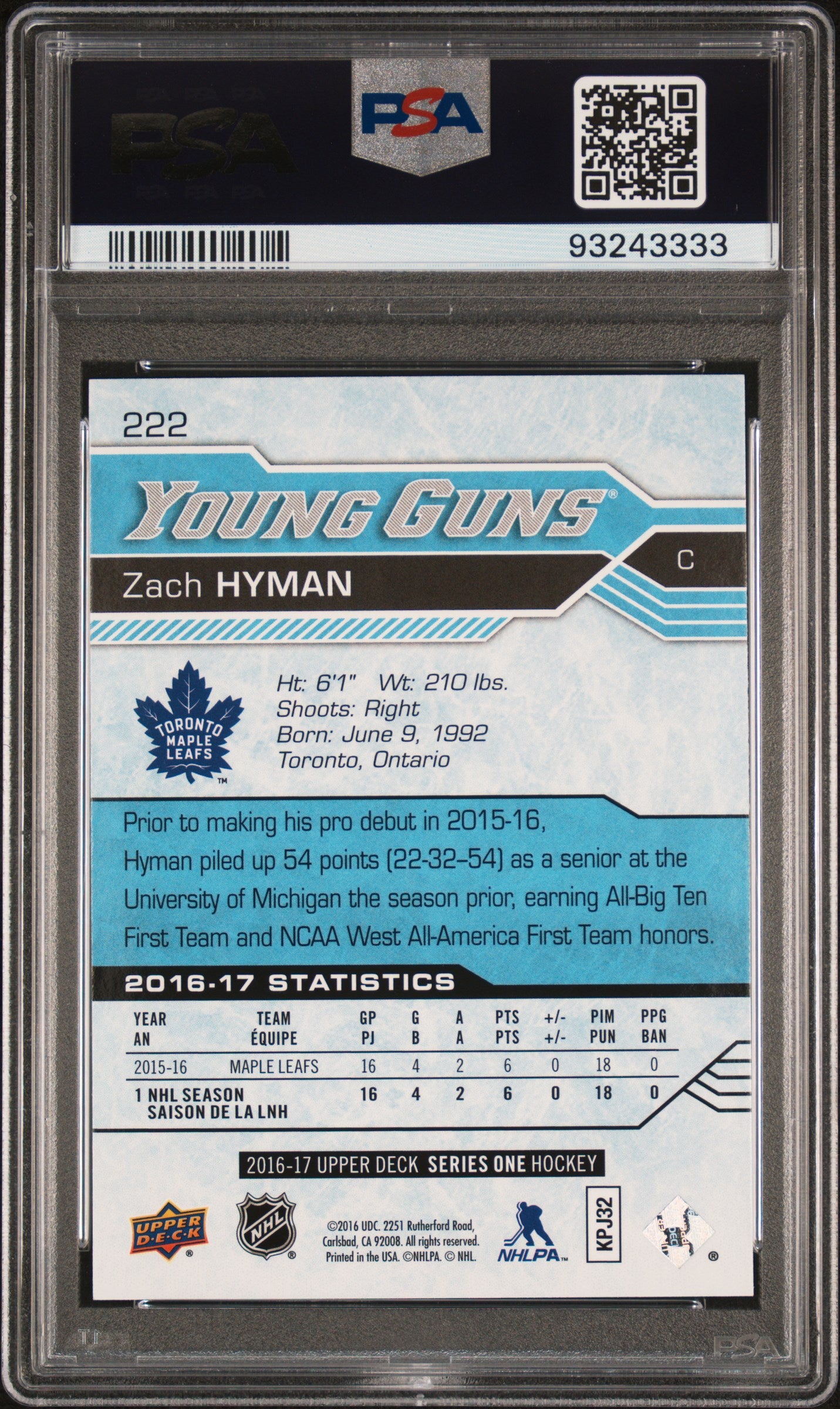 2016 Upper Deck #222 Zach Hyman PSA 8.5