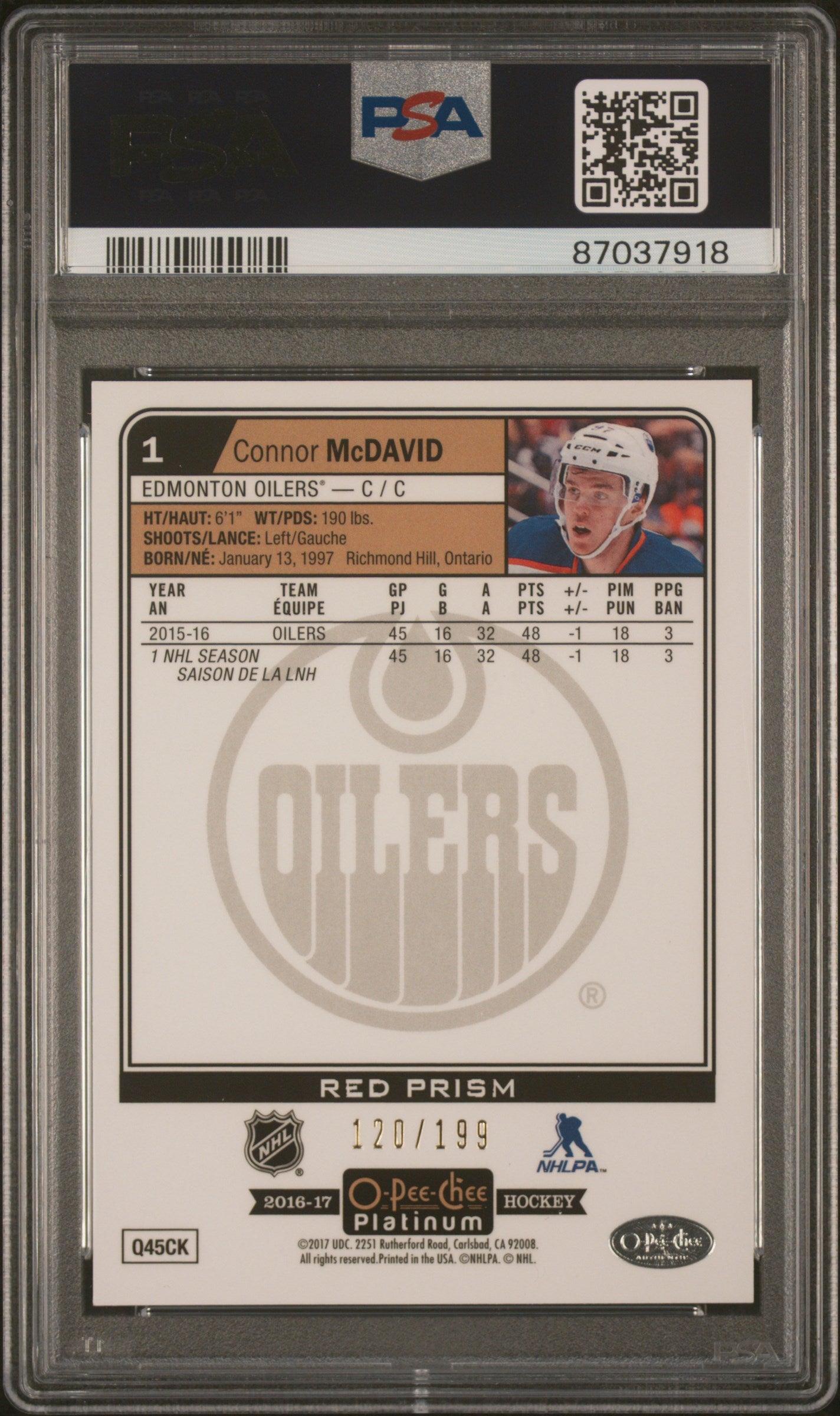2016 O-Pee-Chee Platinum #1 Connor Mcdavid Red Prism PSA 9