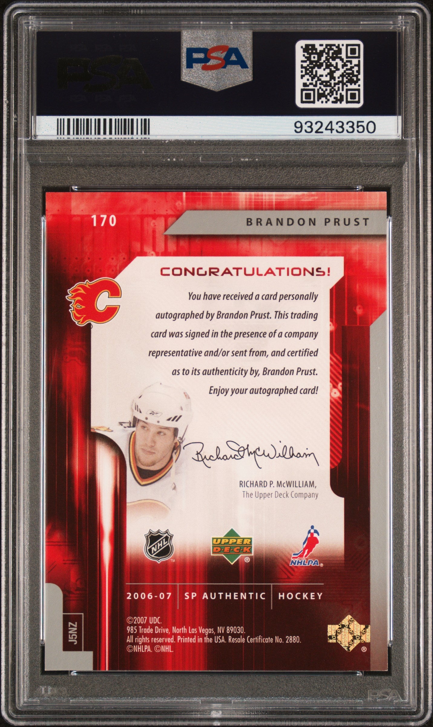 2006 Sp Authentic #170 Brandon Prust Autograph PSA 9