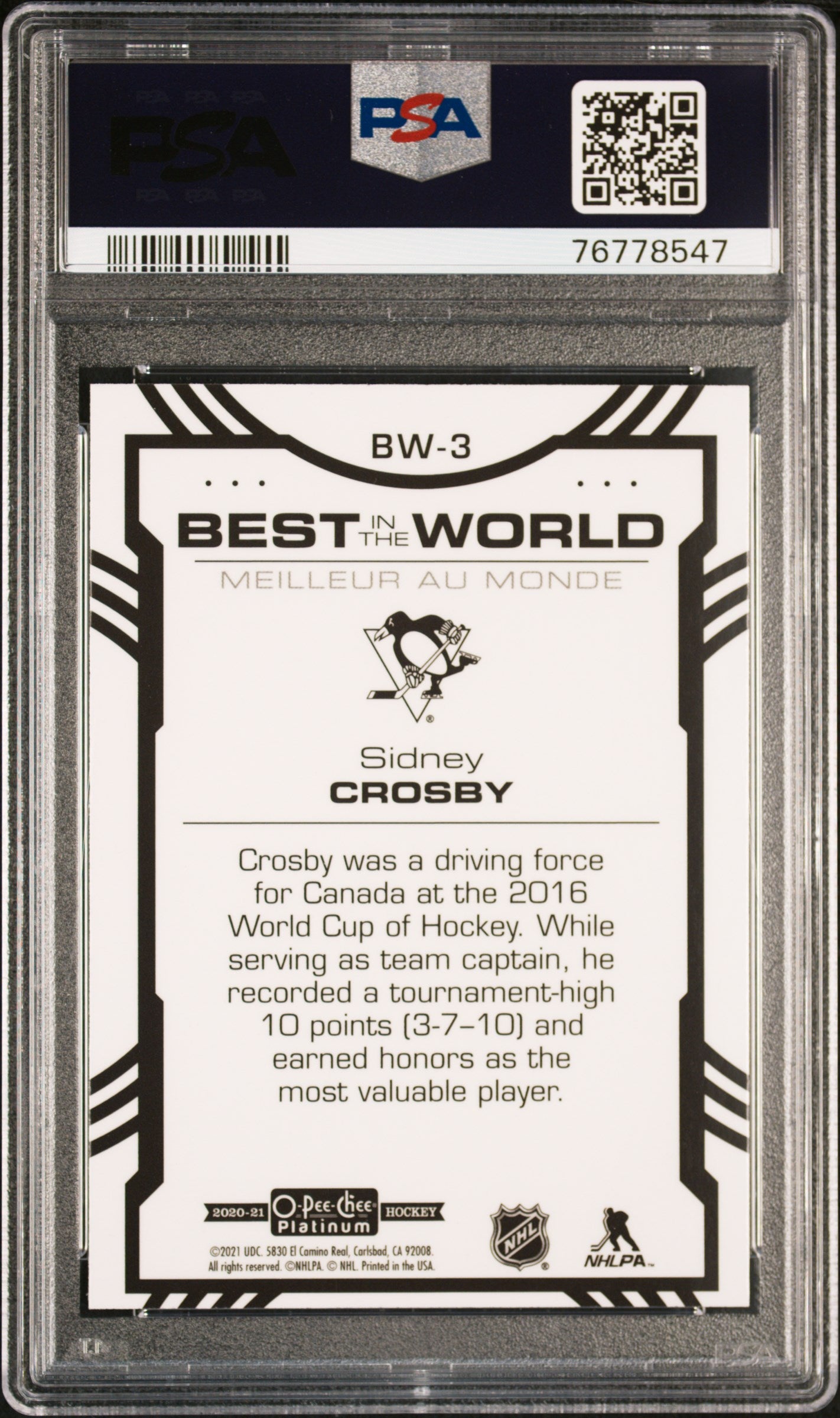 2020 O-Pee-Chee Platinum Best In The World #BW3 Sidney Crosby Best In The World PSA 9