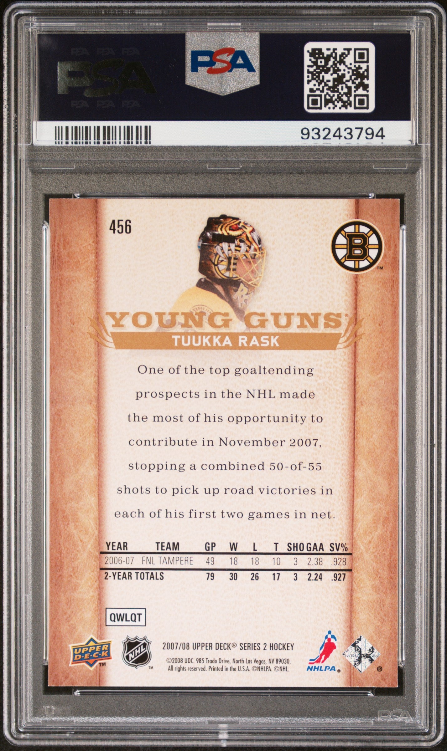 2007 Upper Deck #456 Tuukka Rask PSA 8
